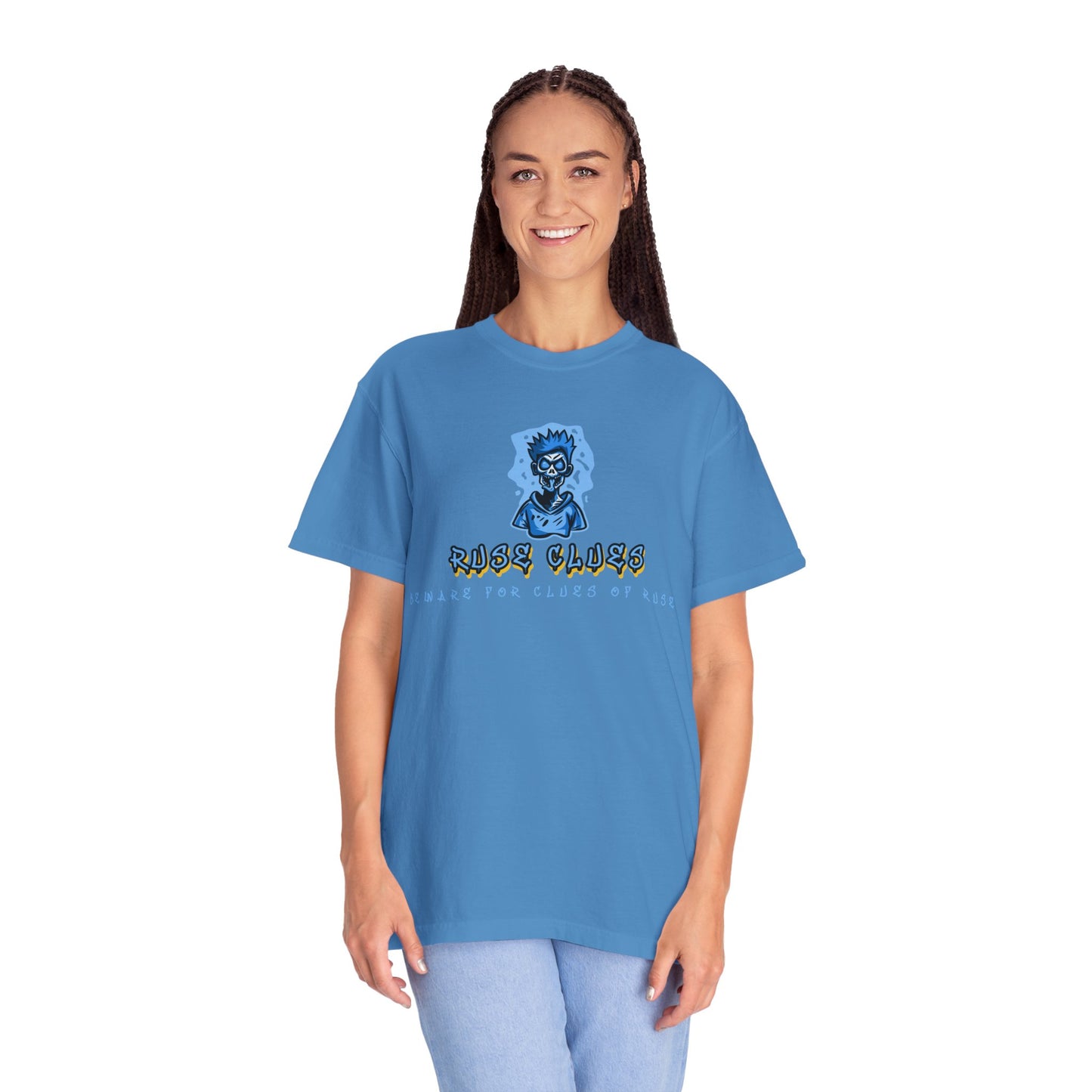 Unisex Garment-Dyed T-shirt with 'Ruse Clues™ ' Design - Casual Style for Everyday Wear, Perfect Gift for Music Lovers, Summer Vibe, Graphic Tee