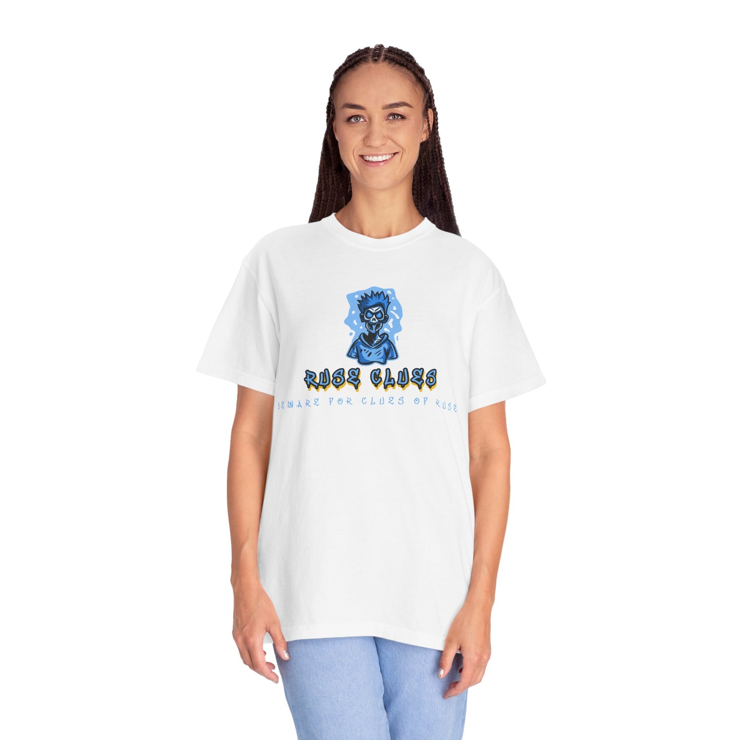 Unisex Garment-Dyed T-shirt with 'Ruse Clues™ ' Design - Casual Style for Everyday Wear, Perfect Gift for Music Lovers, Summer Vibe, Graphic Tee