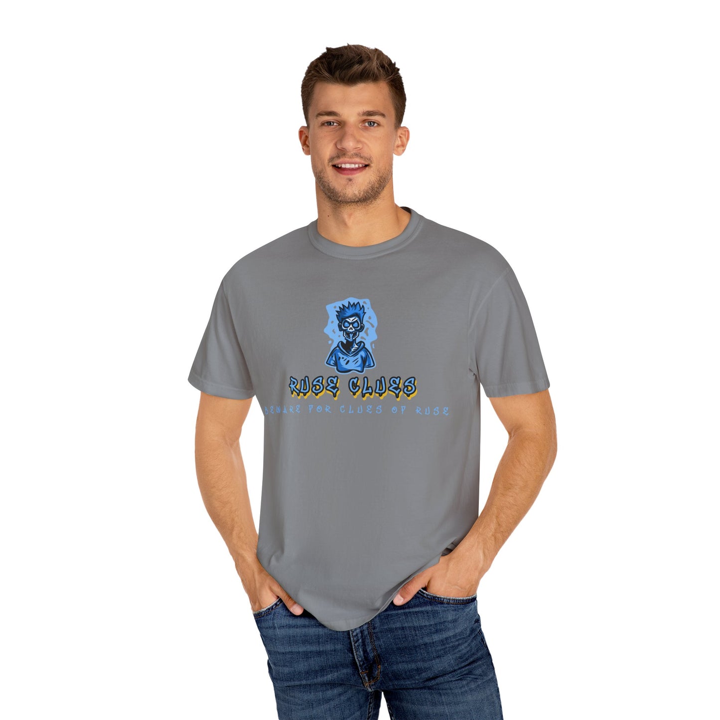 Unisex Garment-Dyed T-shirt with 'Ruse Clues™ ' Design - Casual Style for Everyday Wear, Perfect Gift for Music Lovers, Summer Vibe, Graphic Tee