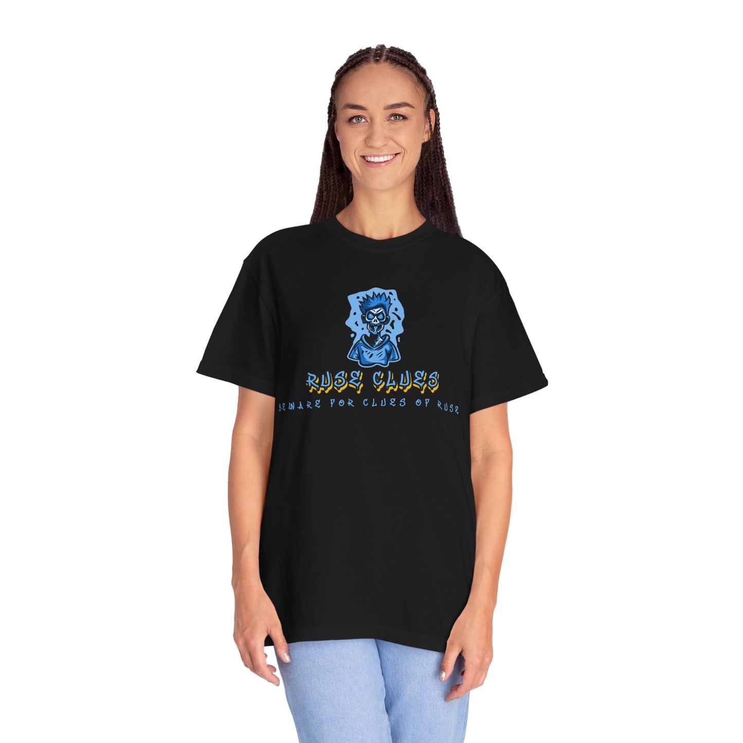 Unisex Garment-Dyed T-shirt with 'Ruse Clues™ ' Design - Casual Style for Everyday Wear, Perfect Gift for Music Lovers, Summer Vibe, Graphic Tee