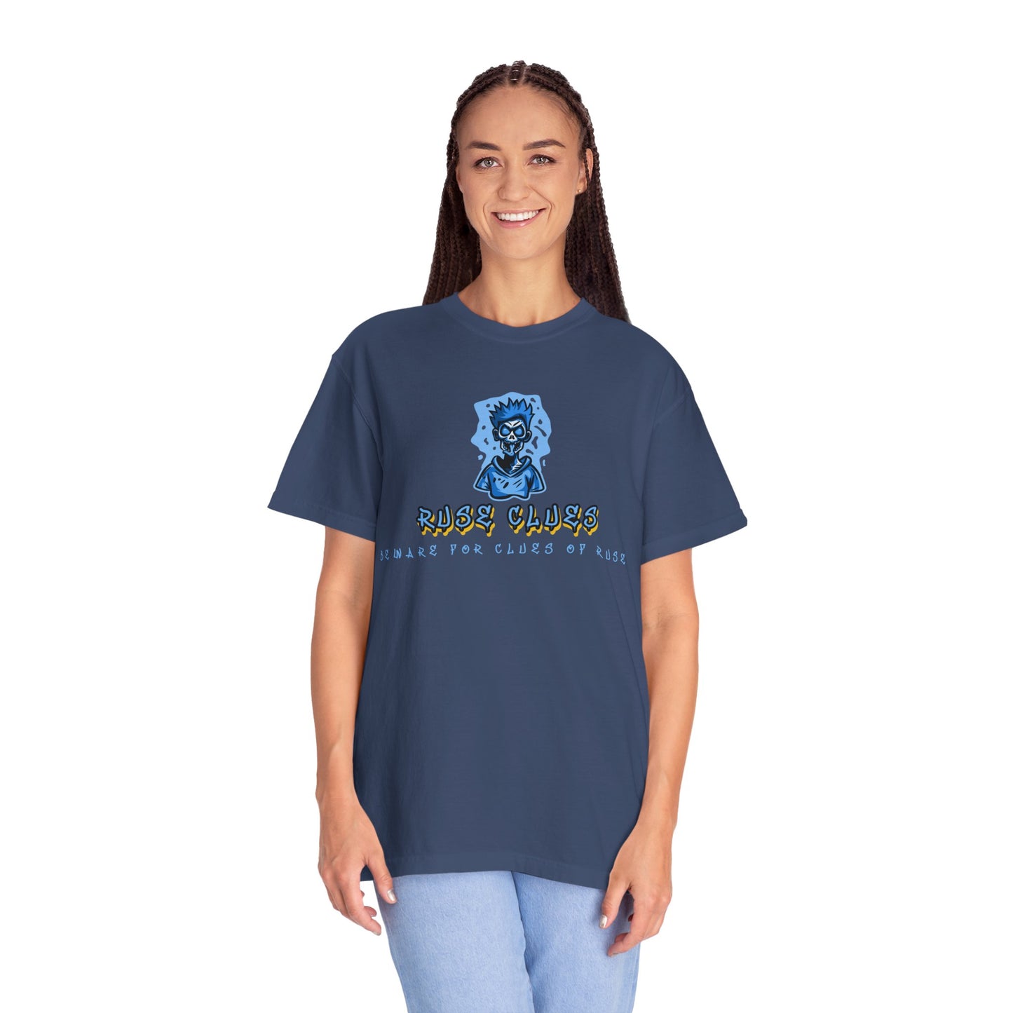 Unisex Garment-Dyed T-shirt with 'Ruse Clues™ ' Design - Casual Style for Everyday Wear, Perfect Gift for Music Lovers, Summer Vibe, Graphic Tee