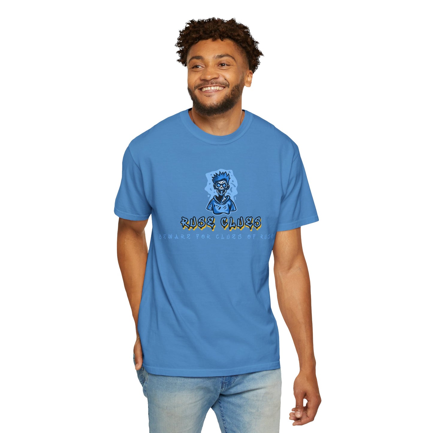 Unisex Garment-Dyed T-shirt with 'Ruse Clues™ ' Design - Casual Style for Everyday Wear, Perfect Gift for Music Lovers, Summer Vibe, Graphic Tee