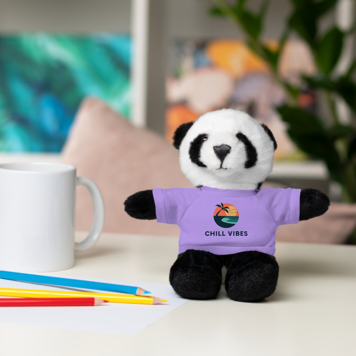 Chill Vibes Stuffed Animal, Cute Gift for Kids, Plush Toy with Tee, Birthday Present, Cozy Home Decor, Baby Shower Gift