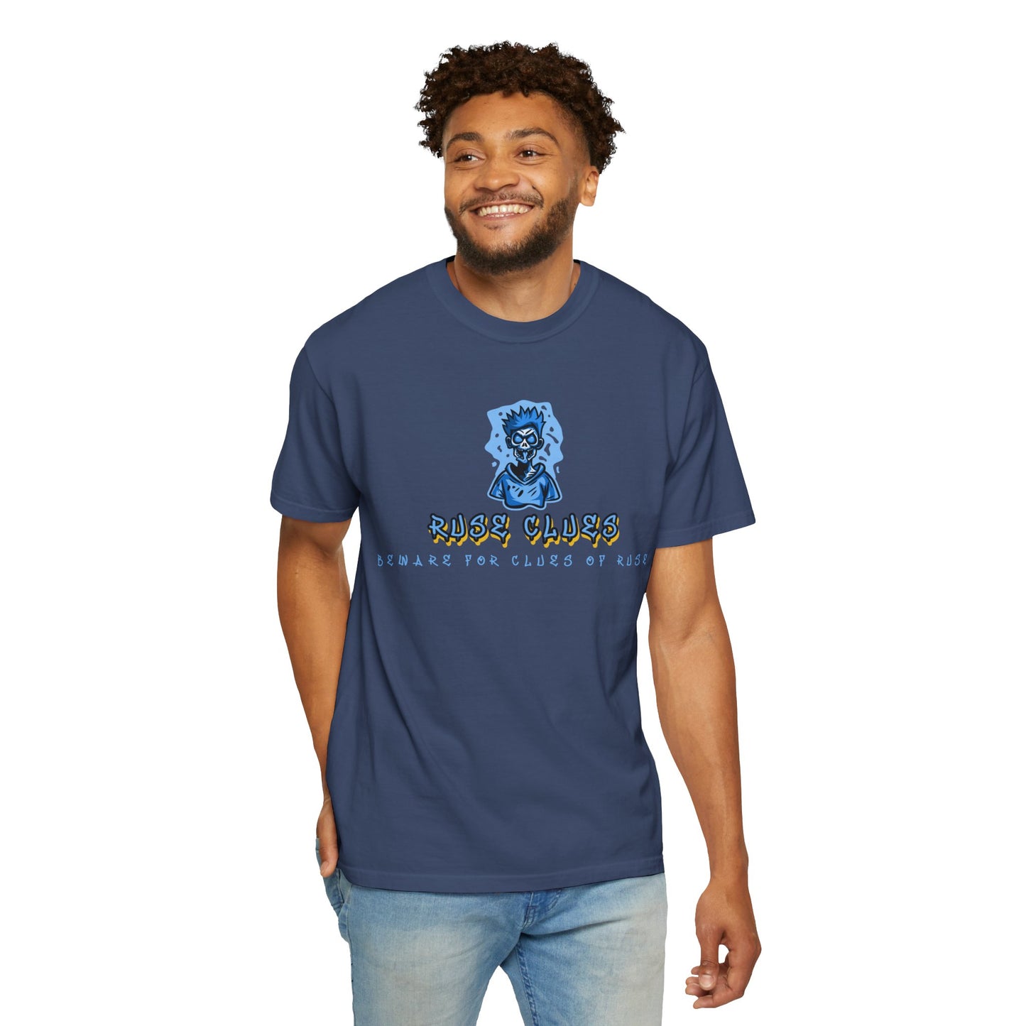 Unisex Garment-Dyed T-shirt with 'Ruse Clues™ ' Design - Casual Style for Everyday Wear, Perfect Gift for Music Lovers, Summer Vibe, Graphic Tee