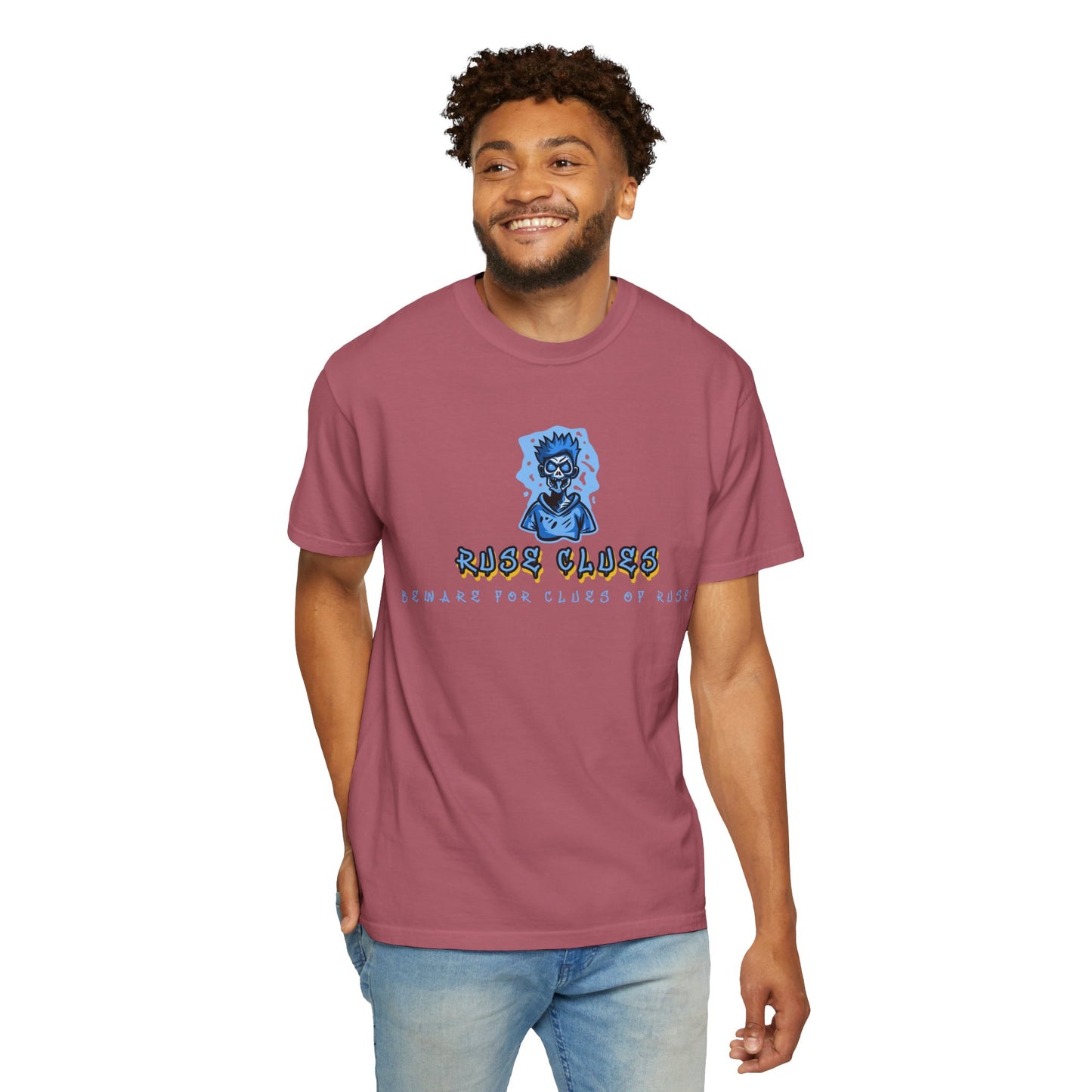 Unisex Garment-Dyed T-shirt with 'Ruse Clues™ ' Design - Casual Style for Everyday Wear, Perfect Gift for Music Lovers, Summer Vibe, Graphic Tee