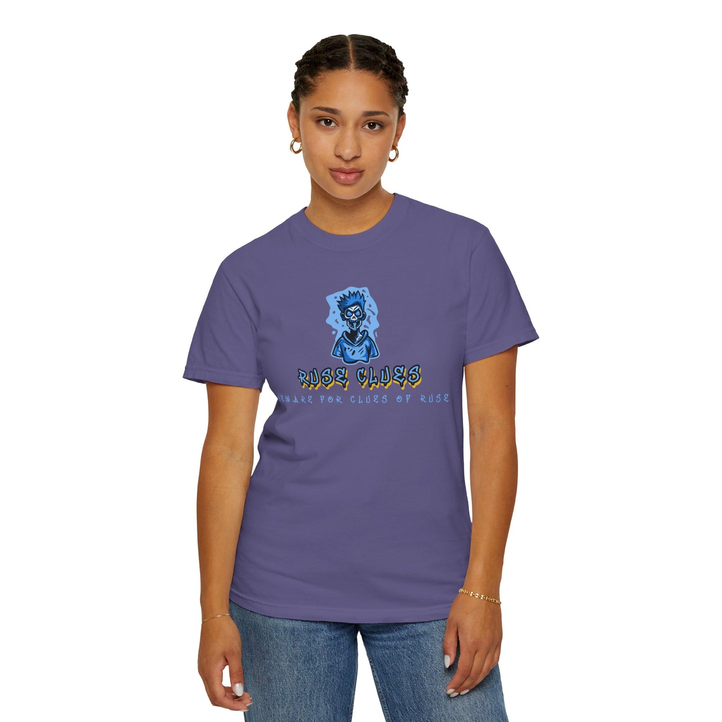 Unisex Garment-Dyed T-shirt with 'Ruse Clues™ ' Design - Casual Style for Everyday Wear, Perfect Gift for Music Lovers, Summer Vibe, Graphic Tee