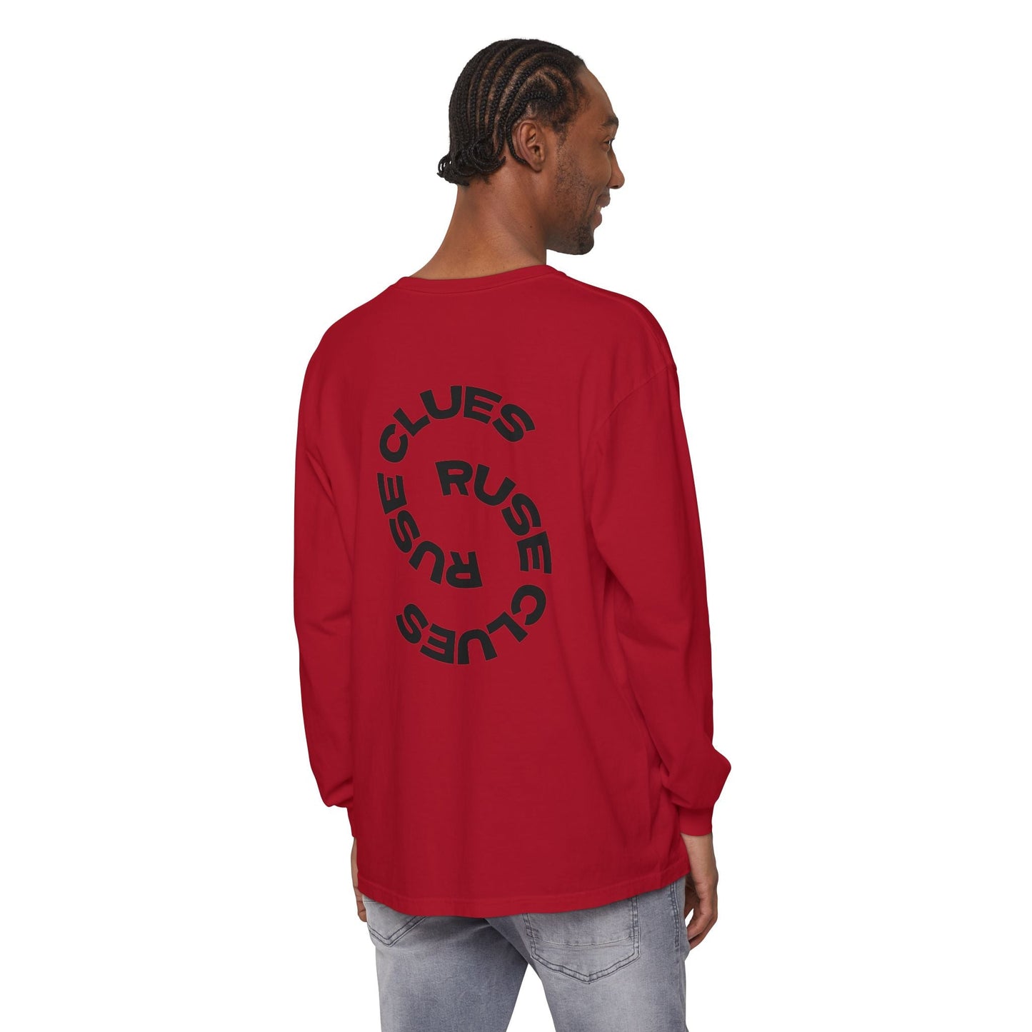 Unisex Garment-Dyed Long Sleeve Ruse Clues® Tee, Casual Everyday Wear, Gift for Friends, Stylish Layering Piece, Trendy Fashion Statement