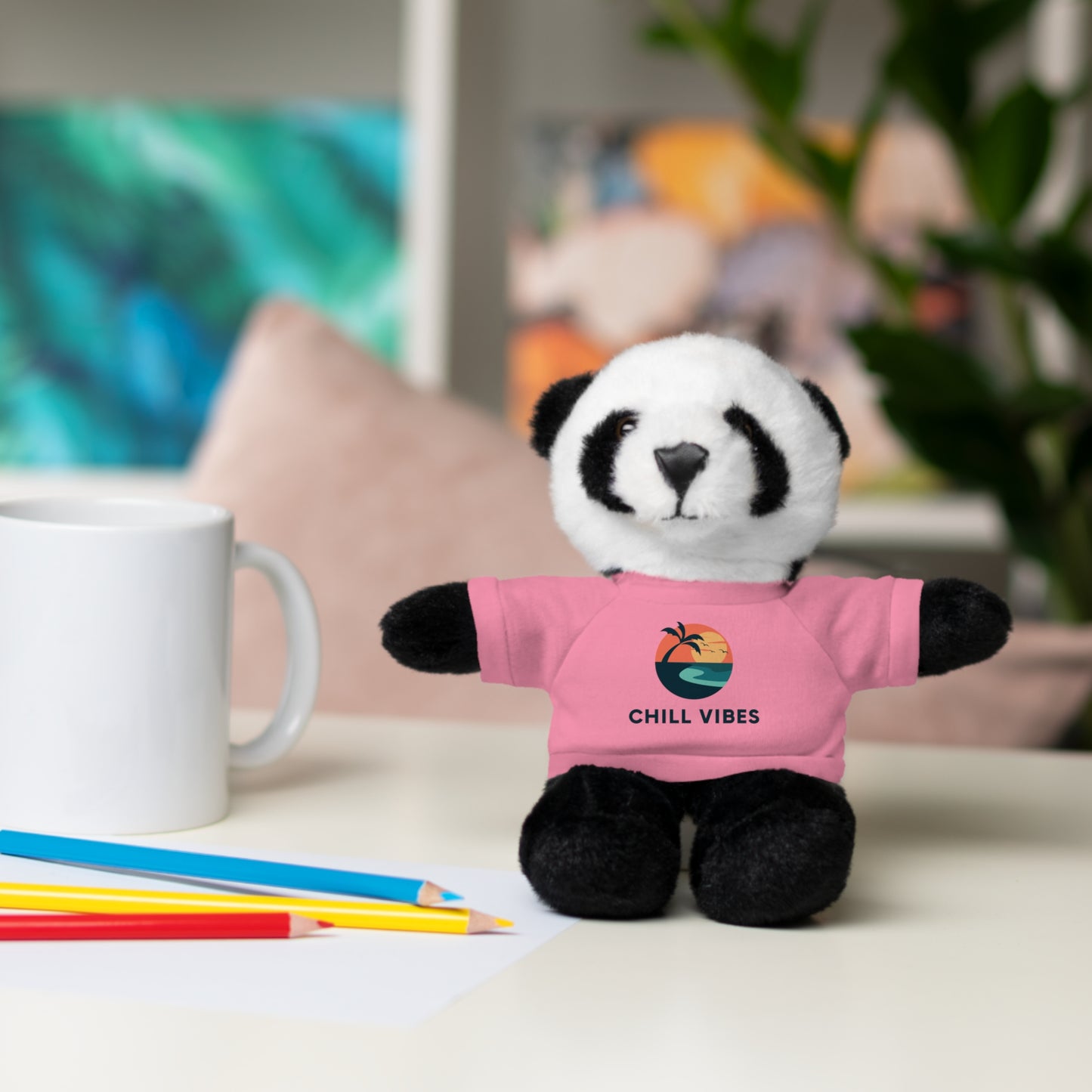 Chill Vibes Stuffed Animal, Cute Gift for Kids, Plush Toy with Tee, Birthday Present, Cozy Home Decor, Baby Shower Gift