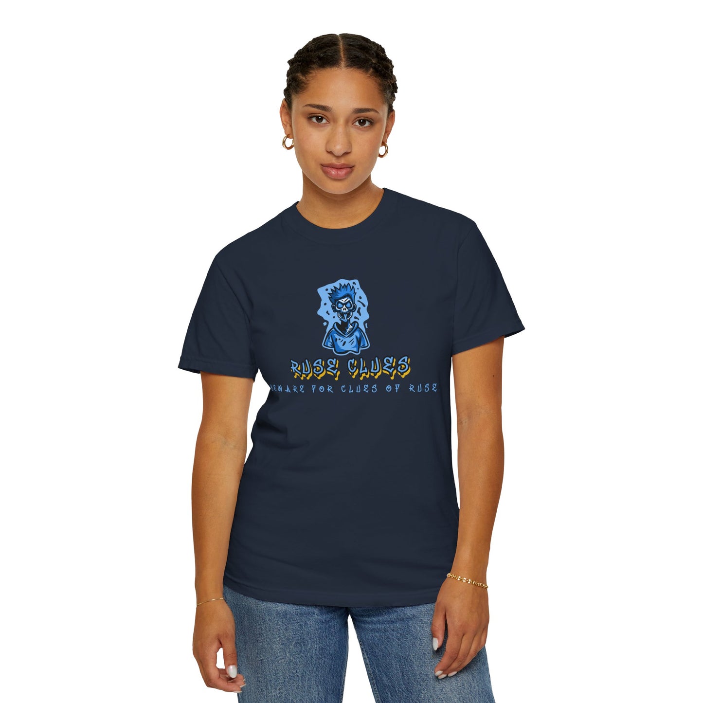 Unisex Garment-Dyed T-shirt with 'Ruse Clues™ ' Design - Casual Style for Everyday Wear, Perfect Gift for Music Lovers, Summer Vibe, Graphic Tee