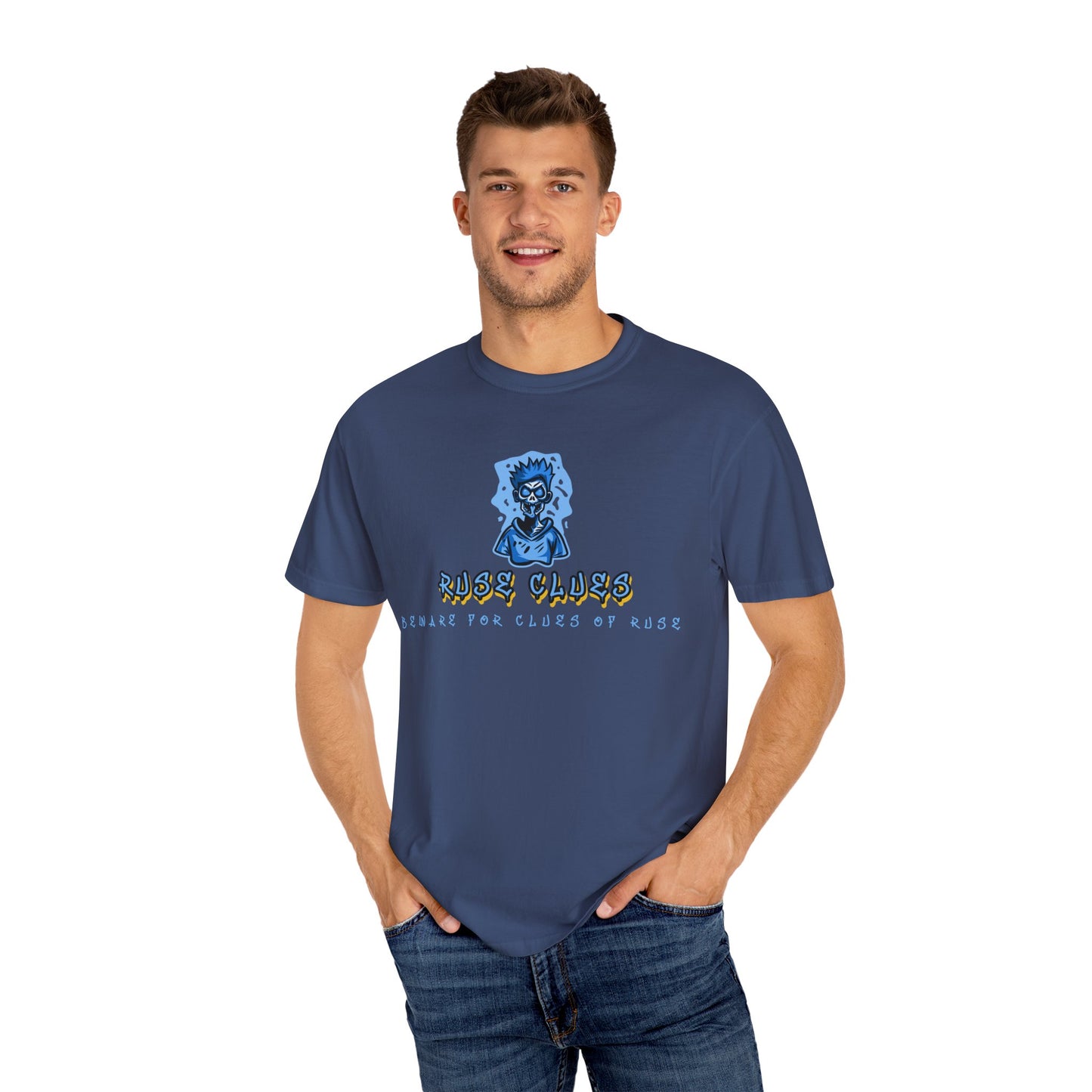Unisex Garment-Dyed T-shirt with 'Ruse Clues™ ' Design - Casual Style for Everyday Wear, Perfect Gift for Music Lovers, Summer Vibe, Graphic Tee