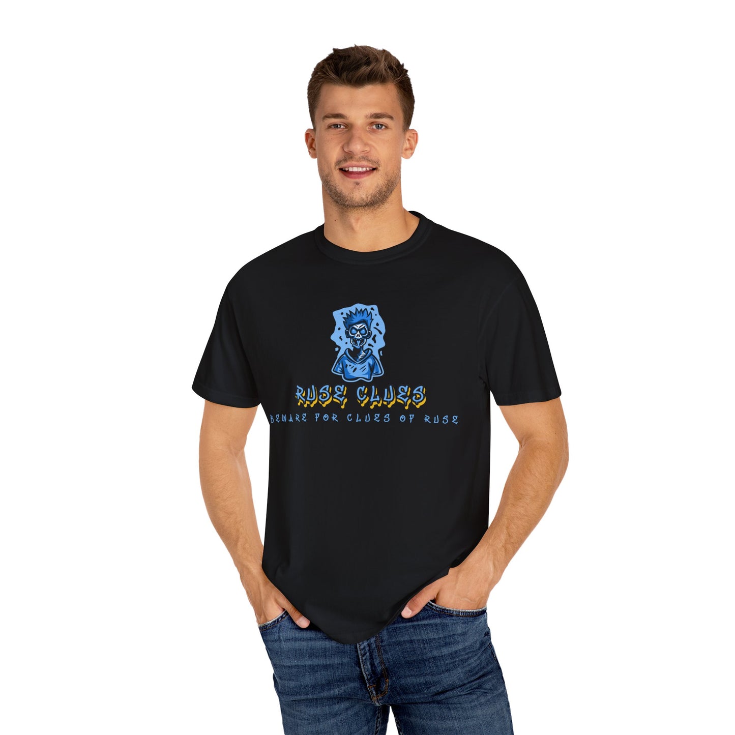 Unisex Garment-Dyed T-shirt with 'Ruse Clues™ ' Design - Casual Style for Everyday Wear, Perfect Gift for Music Lovers, Summer Vibe, Graphic Tee