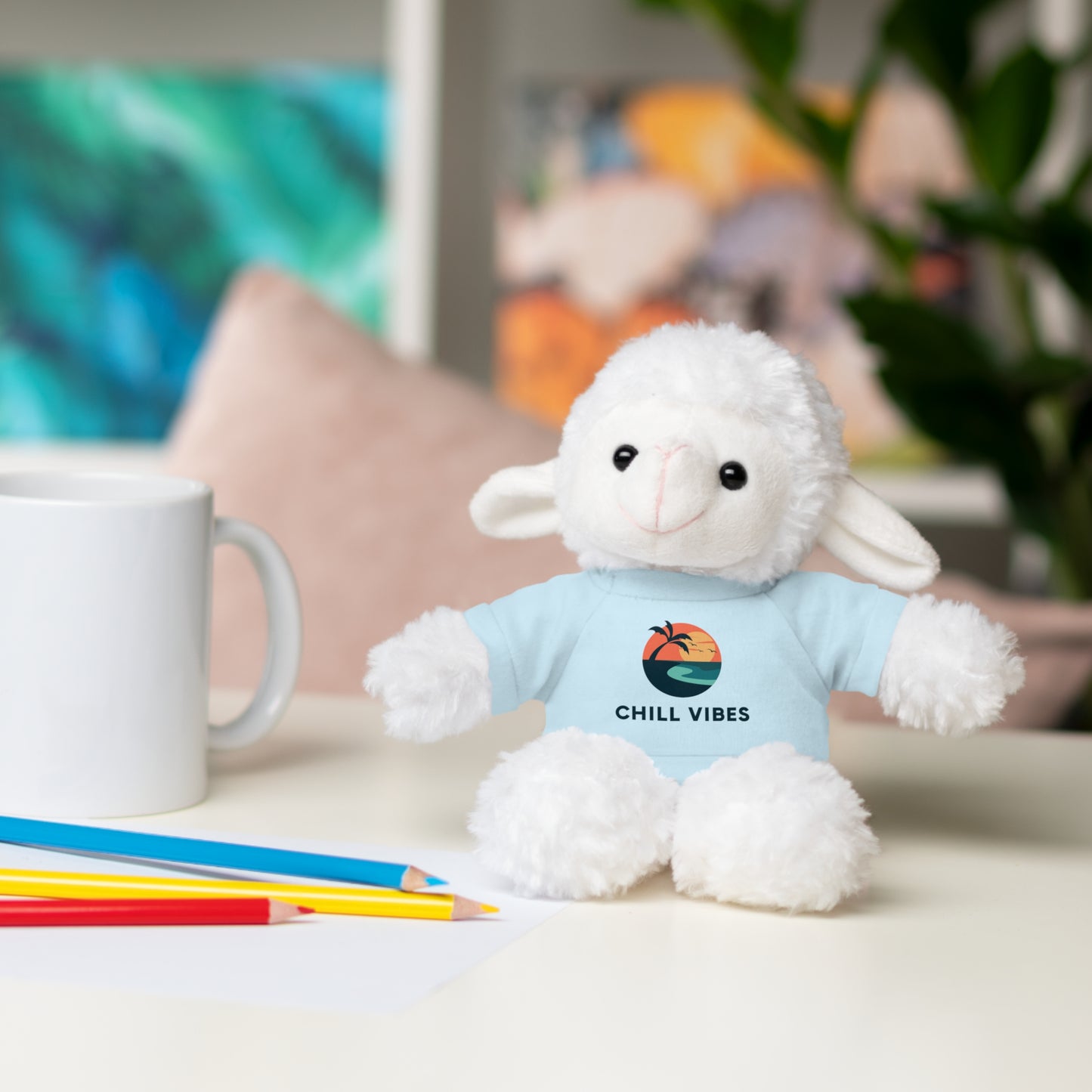 Chill Vibes Stuffed Animal, Cute Gift for Kids, Plush Toy with Tee, Birthday Present, Cozy Home Decor, Baby Shower Gift