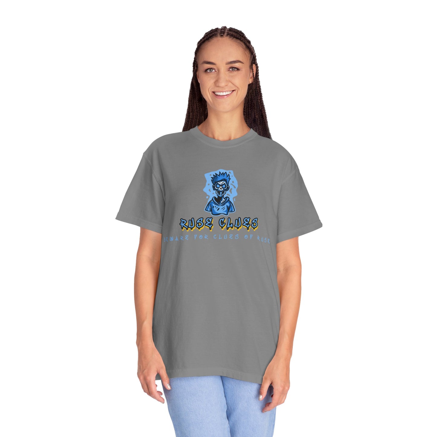 Unisex Garment-Dyed T-shirt with 'Ruse Clues™ ' Design - Casual Style for Everyday Wear, Perfect Gift for Music Lovers, Summer Vibe, Graphic Tee