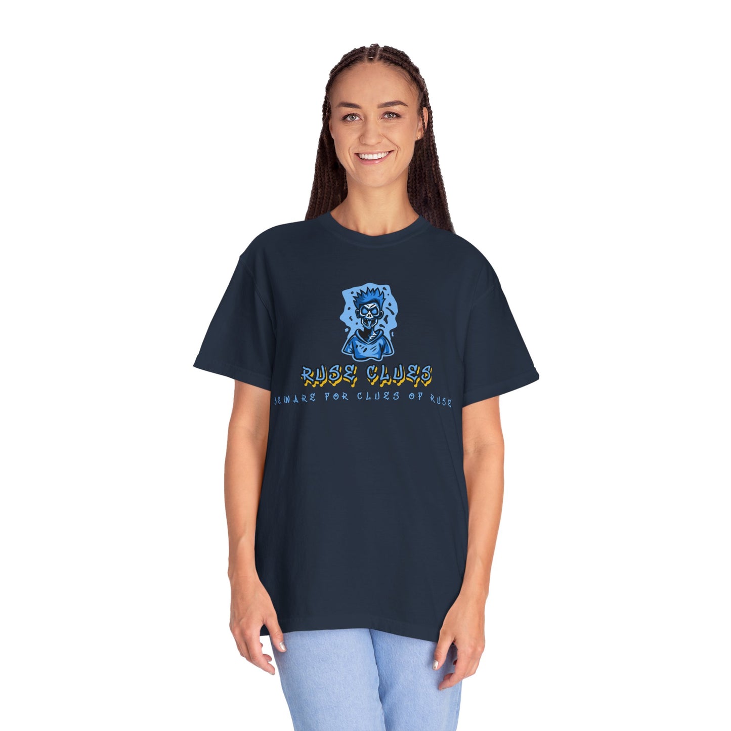 Unisex Garment-Dyed T-shirt with 'Ruse Clues™ ' Design - Casual Style for Everyday Wear, Perfect Gift for Music Lovers, Summer Vibe, Graphic Tee