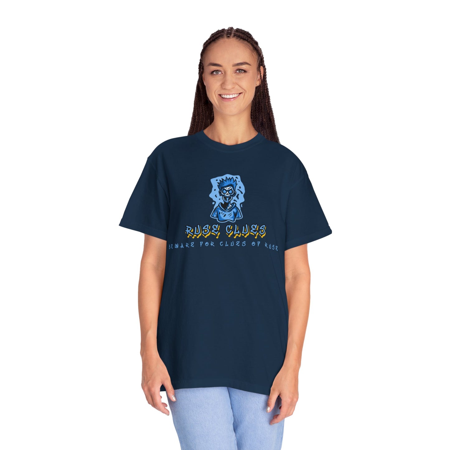 Unisex Garment-Dyed T-shirt with 'Ruse Clues™ ' Design - Casual Style for Everyday Wear, Perfect Gift for Music Lovers, Summer Vibe, Graphic Tee
