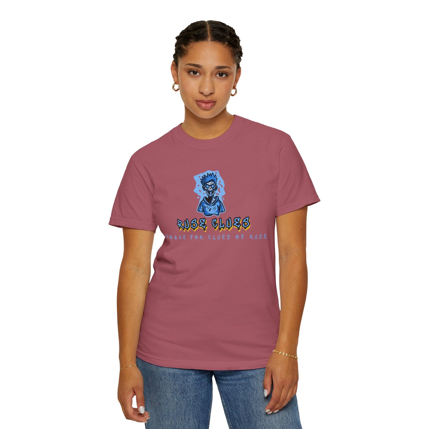 Unisex Garment-Dyed T-shirt with 'Ruse Clues™ ' Design - Casual Style for Everyday Wear, Perfect Gift for Music Lovers, Summer Vibe, Graphic Tee