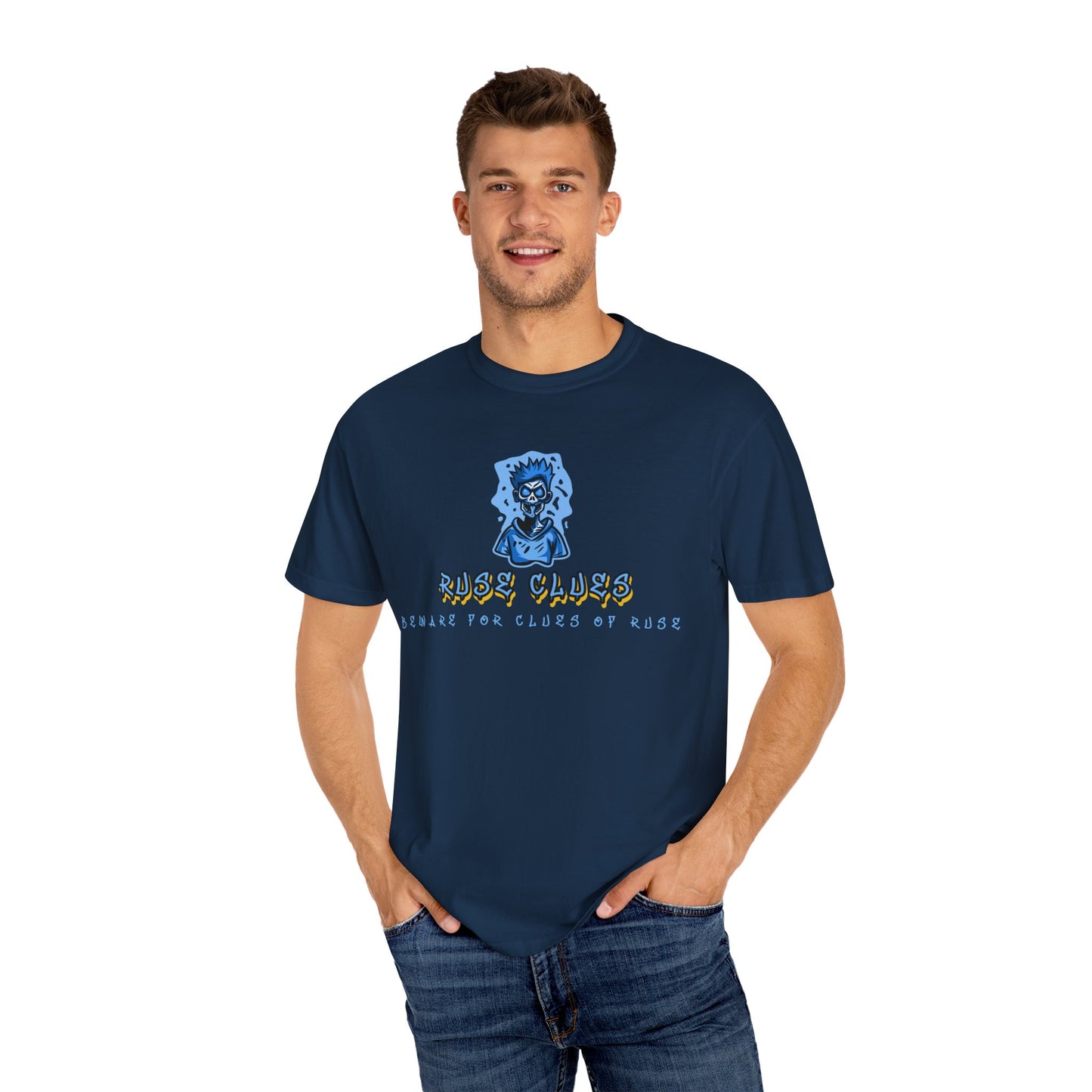 Unisex Garment-Dyed T-shirt with 'Ruse Clues™ ' Design - Casual Style for Everyday Wear, Perfect Gift for Music Lovers, Summer Vibe, Graphic Tee