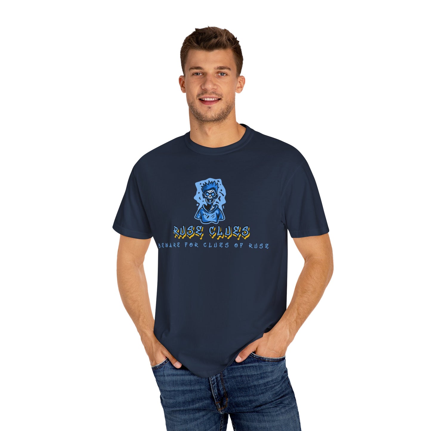 Unisex Garment-Dyed T-shirt with 'Ruse Clues™ ' Design - Casual Style for Everyday Wear, Perfect Gift for Music Lovers, Summer Vibe, Graphic Tee