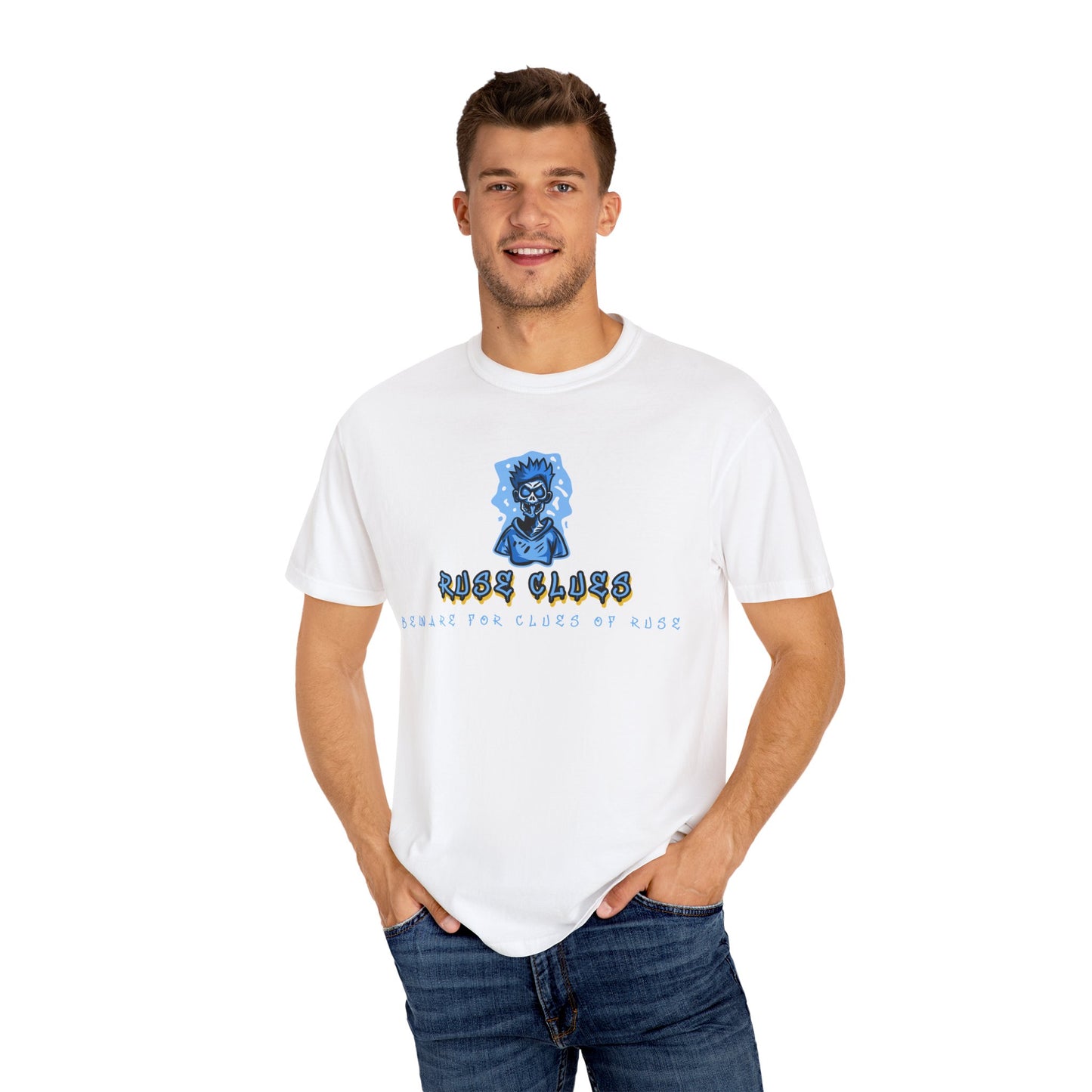 Unisex Garment-Dyed T-shirt with 'Ruse Clues™ ' Design - Casual Style for Everyday Wear, Perfect Gift for Music Lovers, Summer Vibe, Graphic Tee
