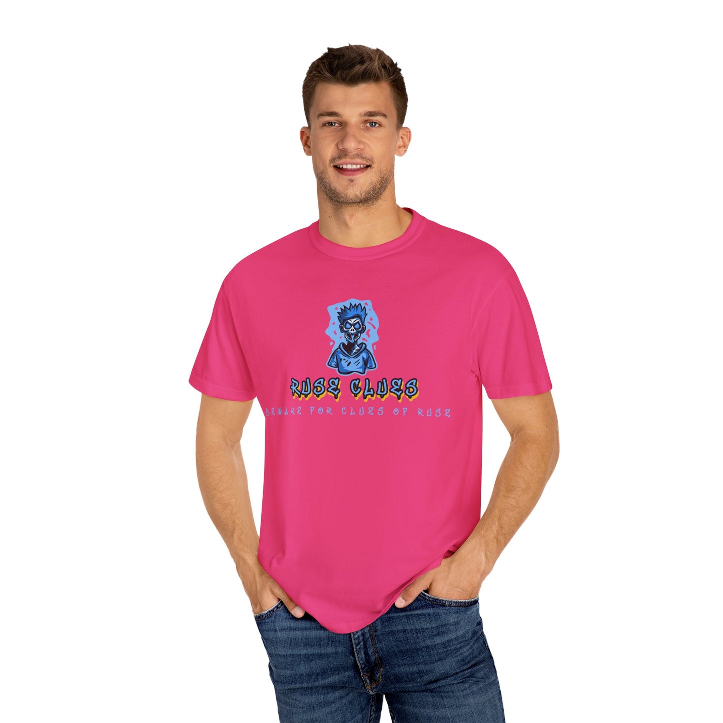 Unisex Garment-Dyed T-shirt with 'Ruse Clues™ ' Design - Casual Style for Everyday Wear, Perfect Gift for Music Lovers, Summer Vibe, Graphic Tee