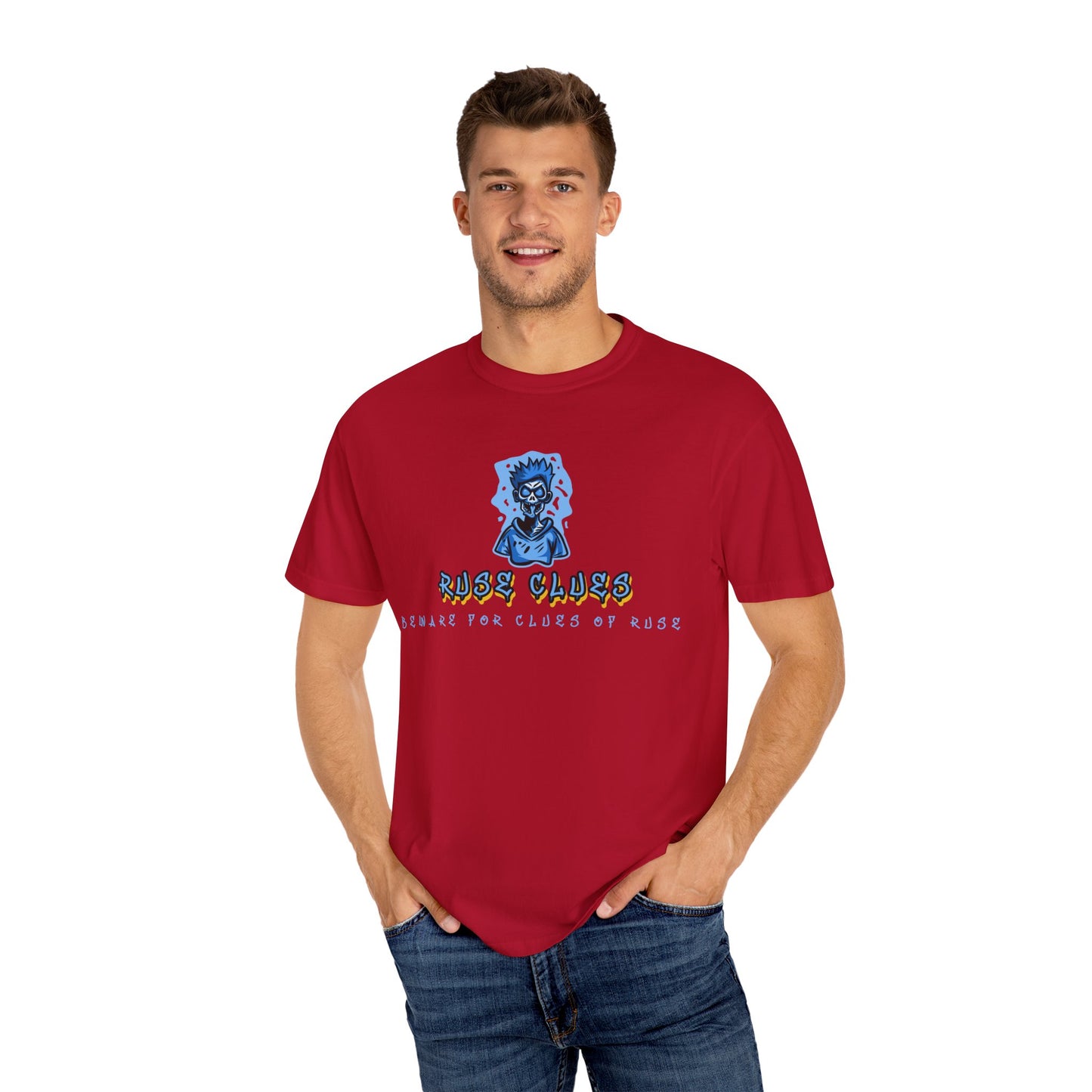 Unisex Garment-Dyed T-shirt with 'Ruse Clues™ ' Design - Casual Style for Everyday Wear, Perfect Gift for Music Lovers, Summer Vibe, Graphic Tee