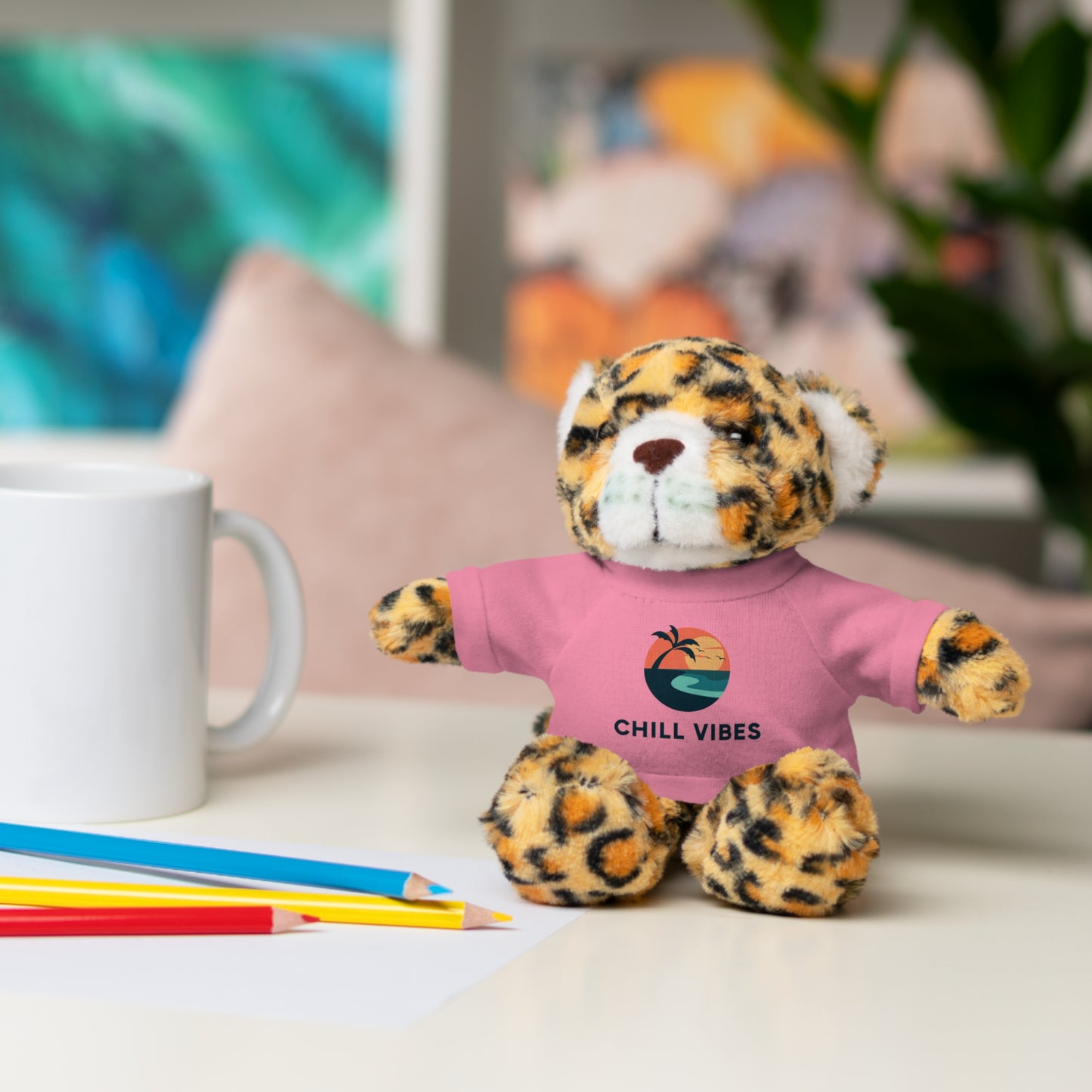 Chill Vibes Stuffed Animal, Cute Gift for Kids, Plush Toy with Tee, Birthday Present, Cozy Home Decor, Baby Shower Gift