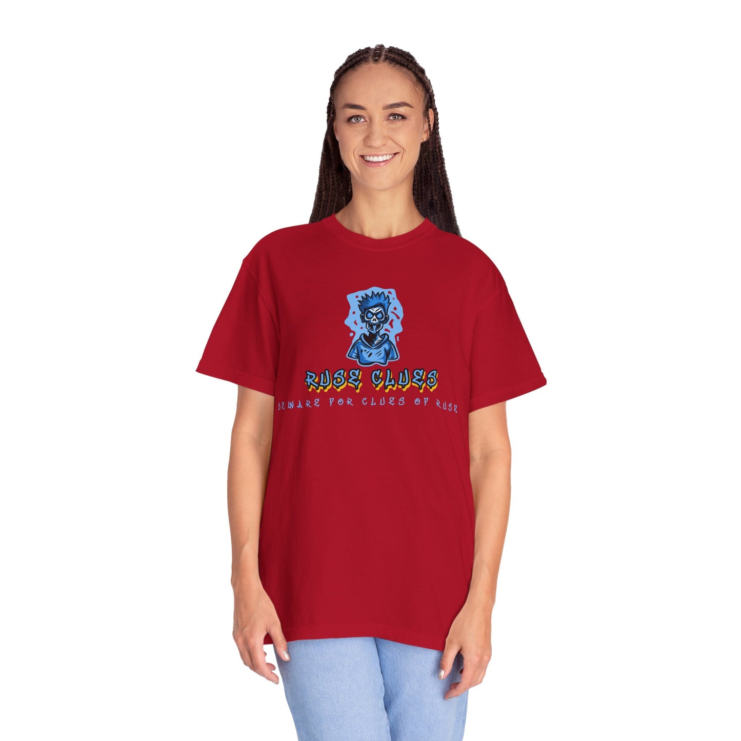 Unisex Garment-Dyed T-shirt with 'Ruse Clues™ ' Design - Casual Style for Everyday Wear, Perfect Gift for Music Lovers, Summer Vibe, Graphic Tee