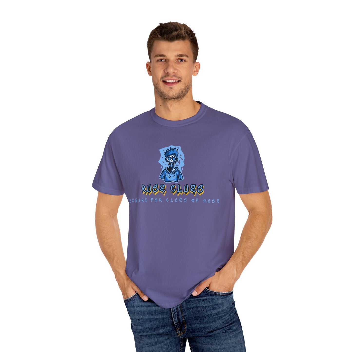 Unisex Garment-Dyed T-shirt with 'Ruse Clues™ ' Design - Casual Style for Everyday Wear, Perfect Gift for Music Lovers, Summer Vibe, Graphic Tee