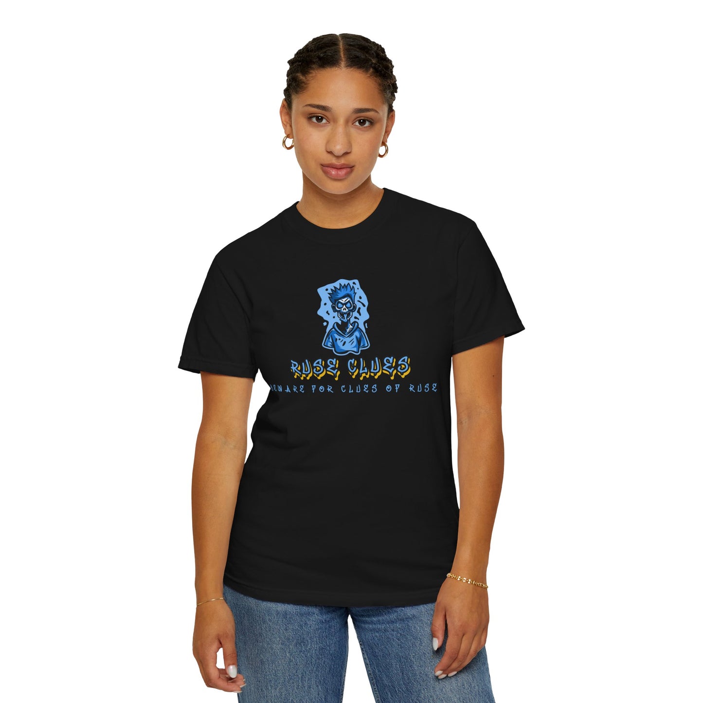 Unisex Garment-Dyed T-shirt with 'Ruse Clues™ ' Design - Casual Style for Everyday Wear, Perfect Gift for Music Lovers, Summer Vibe, Graphic Tee