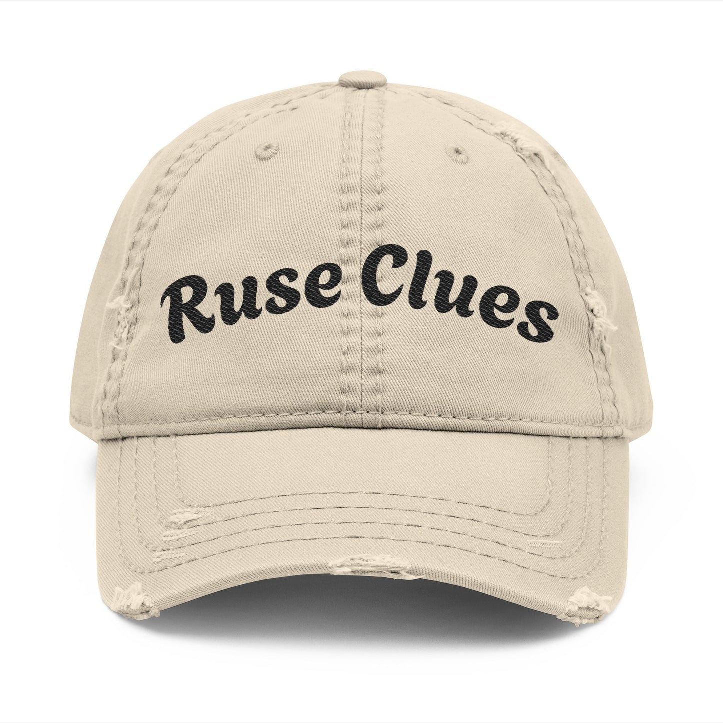 Distressed Dad Hat with Ruse Clues®, Embroidery | Casual Style Cap for Outdoor Adventures, Gifts for Dads, Unisex Fashion, Great for Summer BBQs