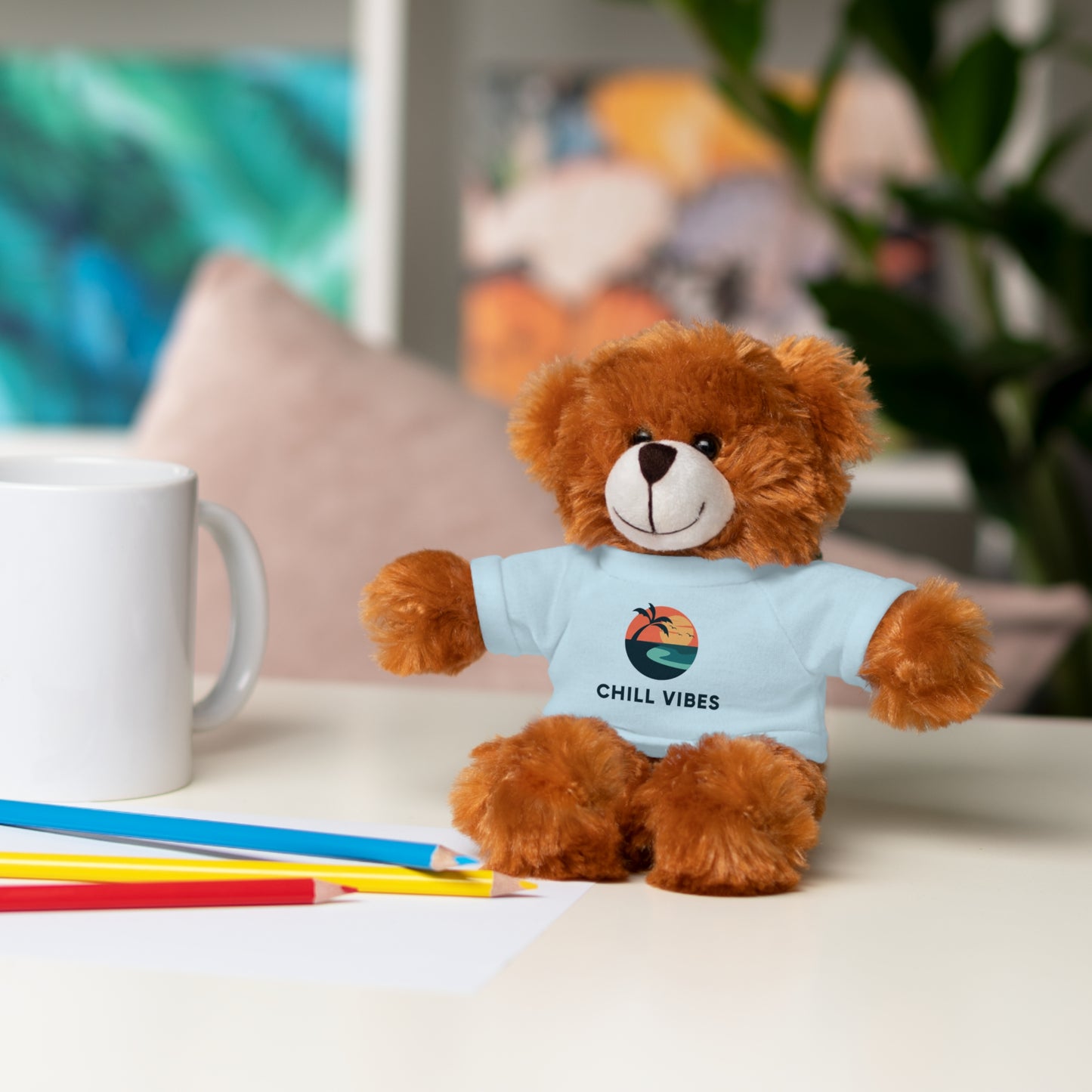 Chill Vibes™ Stuffed Animal, Cute Gift for Kids, Plush Toy with Tee, Birthday Present, Cozy Home Decor, Baby Shower Gift