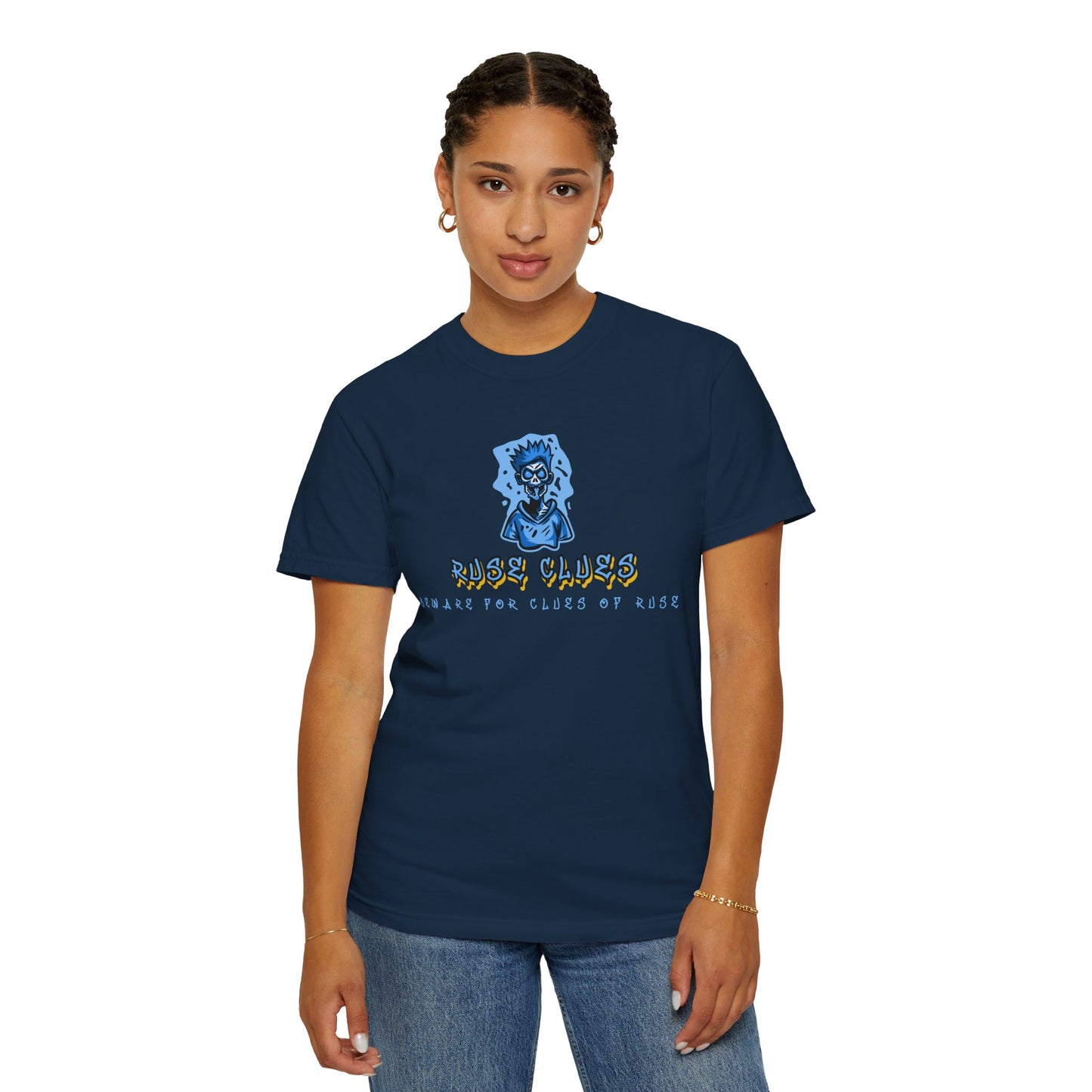 Unisex Garment-Dyed T-shirt with 'Ruse Clues™ ' Design - Casual Style for Everyday Wear, Perfect Gift for Music Lovers, Summer Vibe, Graphic Tee