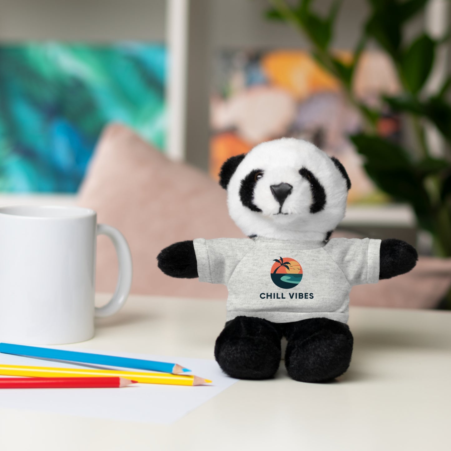 Chill Vibes™ Stuffed Animal, Cute Gift for Kids, Plush Toy with Tee, Birthday Present, Cozy Home Decor, Baby Shower Gift