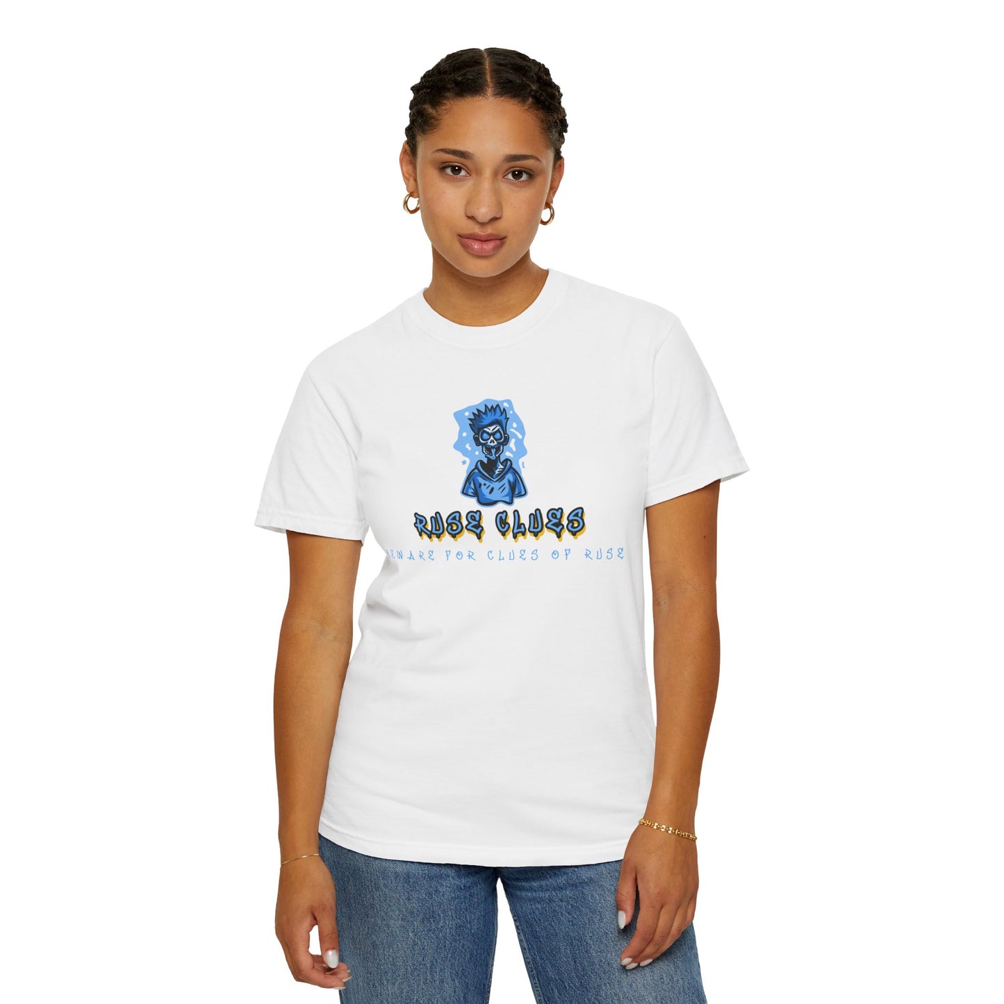 Unisex Garment-Dyed T-shirt with 'Ruse Clues™ ' Design - Casual Style for Everyday Wear, Perfect Gift for Music Lovers, Summer Vibe, Graphic Tee