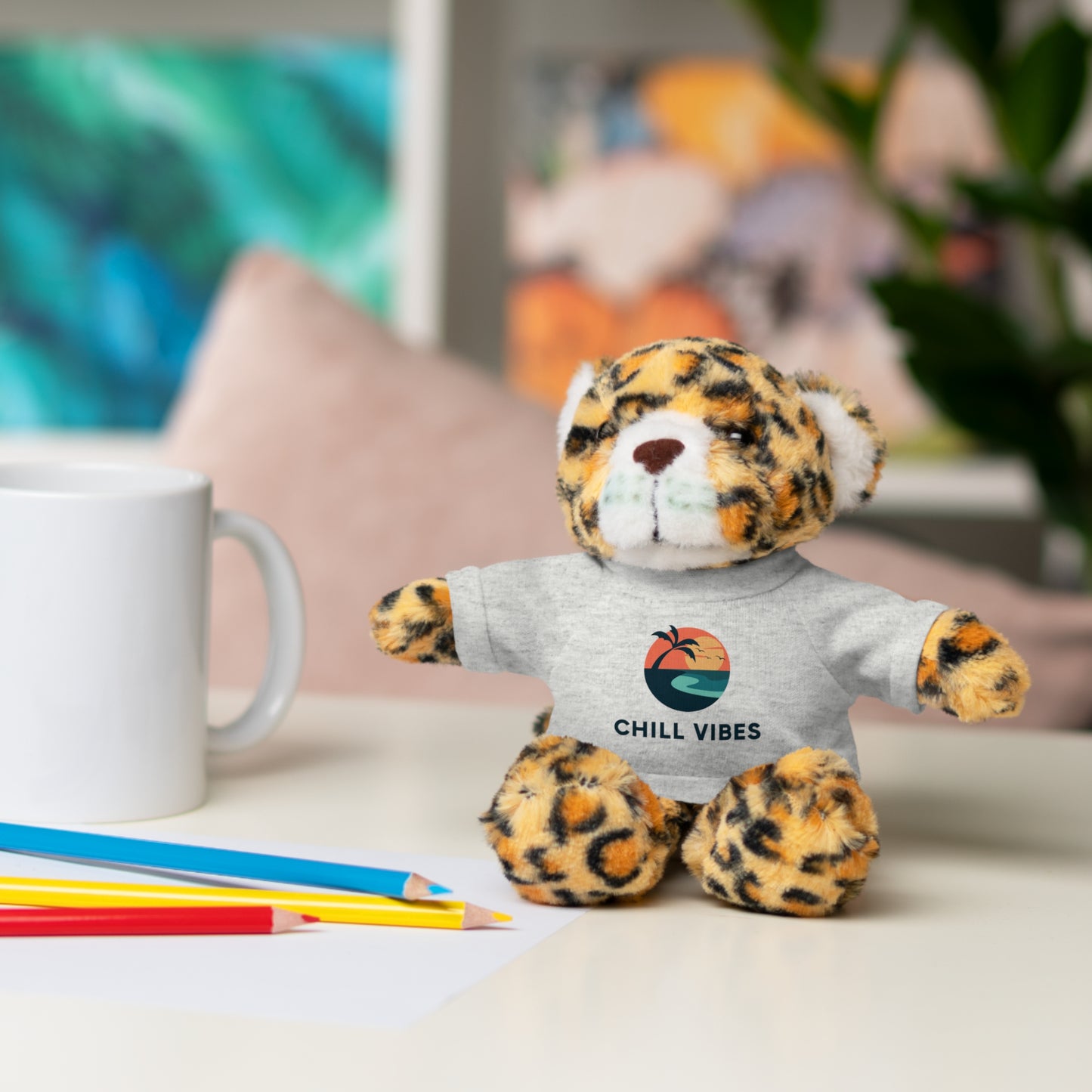Chill Vibes™ Stuffed Animal, Cute Gift for Kids, Plush Toy with Tee, Birthday Present, Cozy Home Decor, Baby Shower Gift