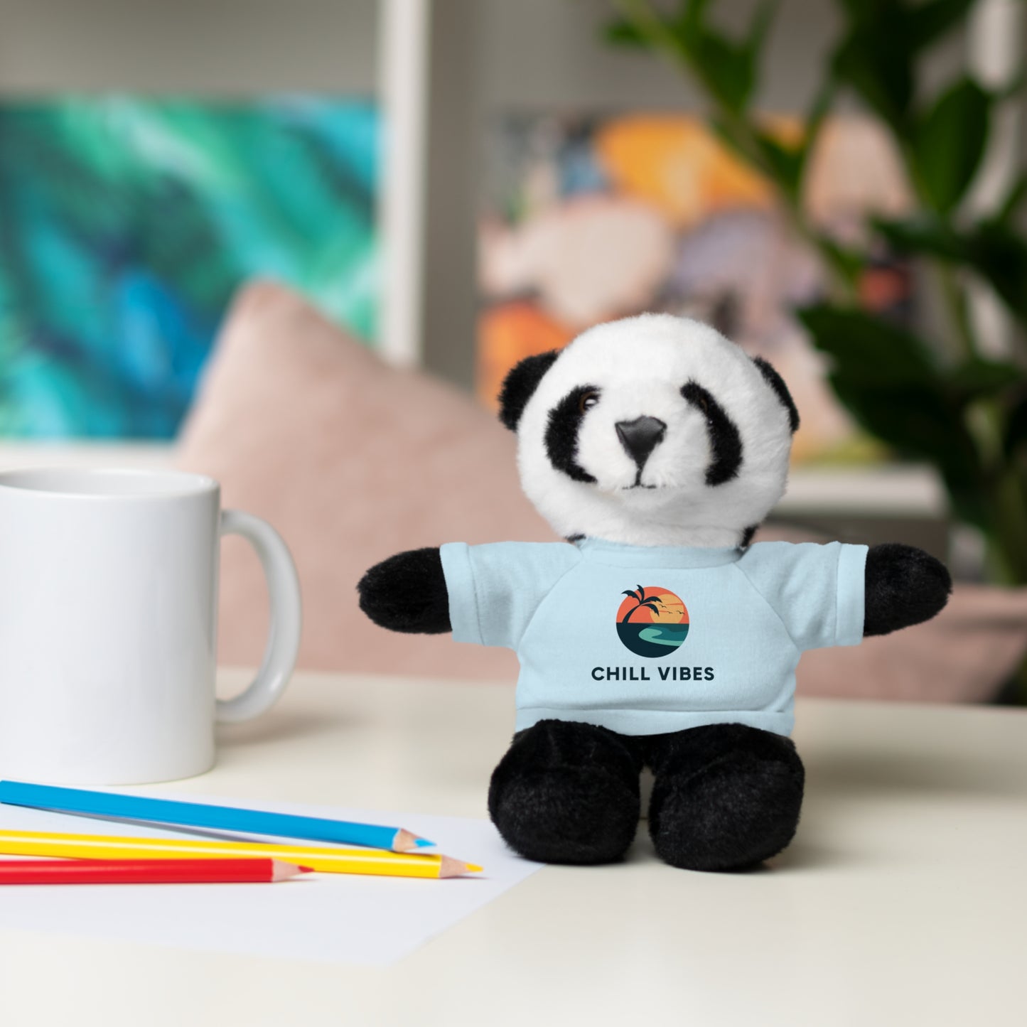 Chill Vibes™ Stuffed Animal, Cute Gift for Kids, Plush Toy with Tee, Birthday Present, Cozy Home Decor, Baby Shower Gift