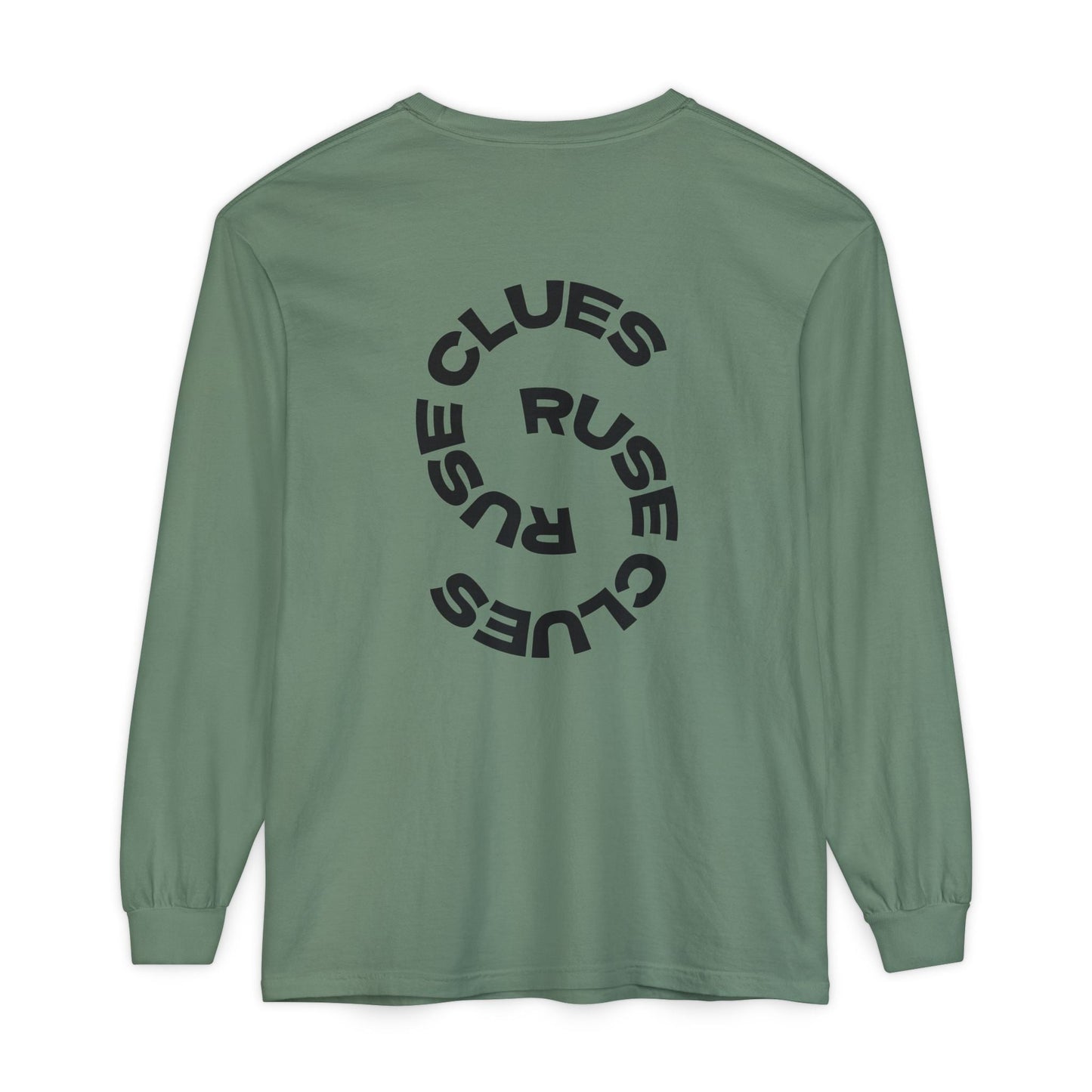 Unisex Garment-Dyed Long Sleeve Ruse Clues® Tee, Casual Everyday Wear, Gift for Friends, Stylish Layering Piece, Trendy Fashion Statement