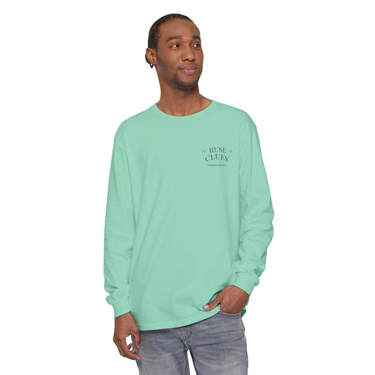 Unisex Garment-Dyed Long Sleeve Ruse Clues® Tee, Casual Everyday Wear, Gift for Friends, Stylish Layering Piece, Trendy Fashion Statement