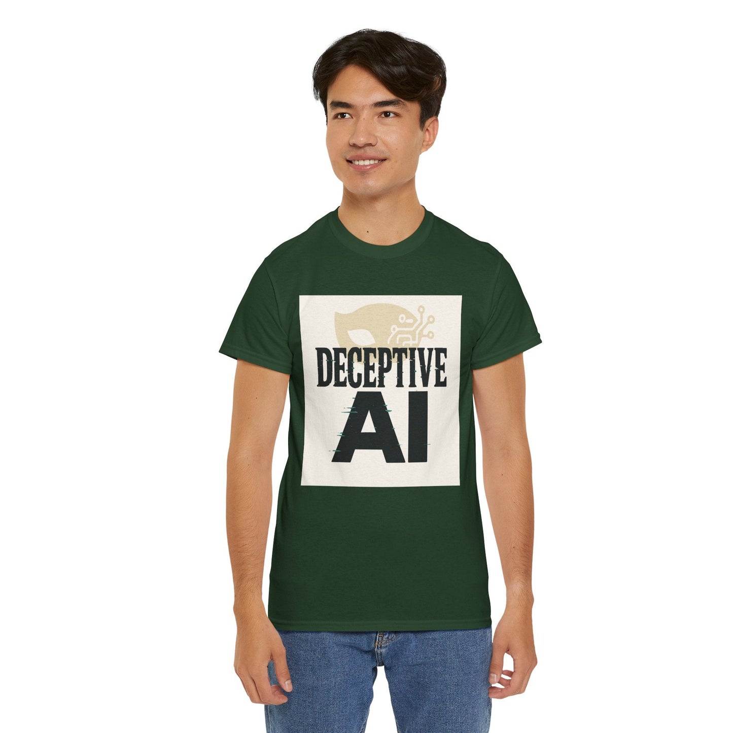 Deceptive AI Unisex Heavy Cotton Ruse Clues® Tee - Bold Graphic Tee for Tech Enthusiasts