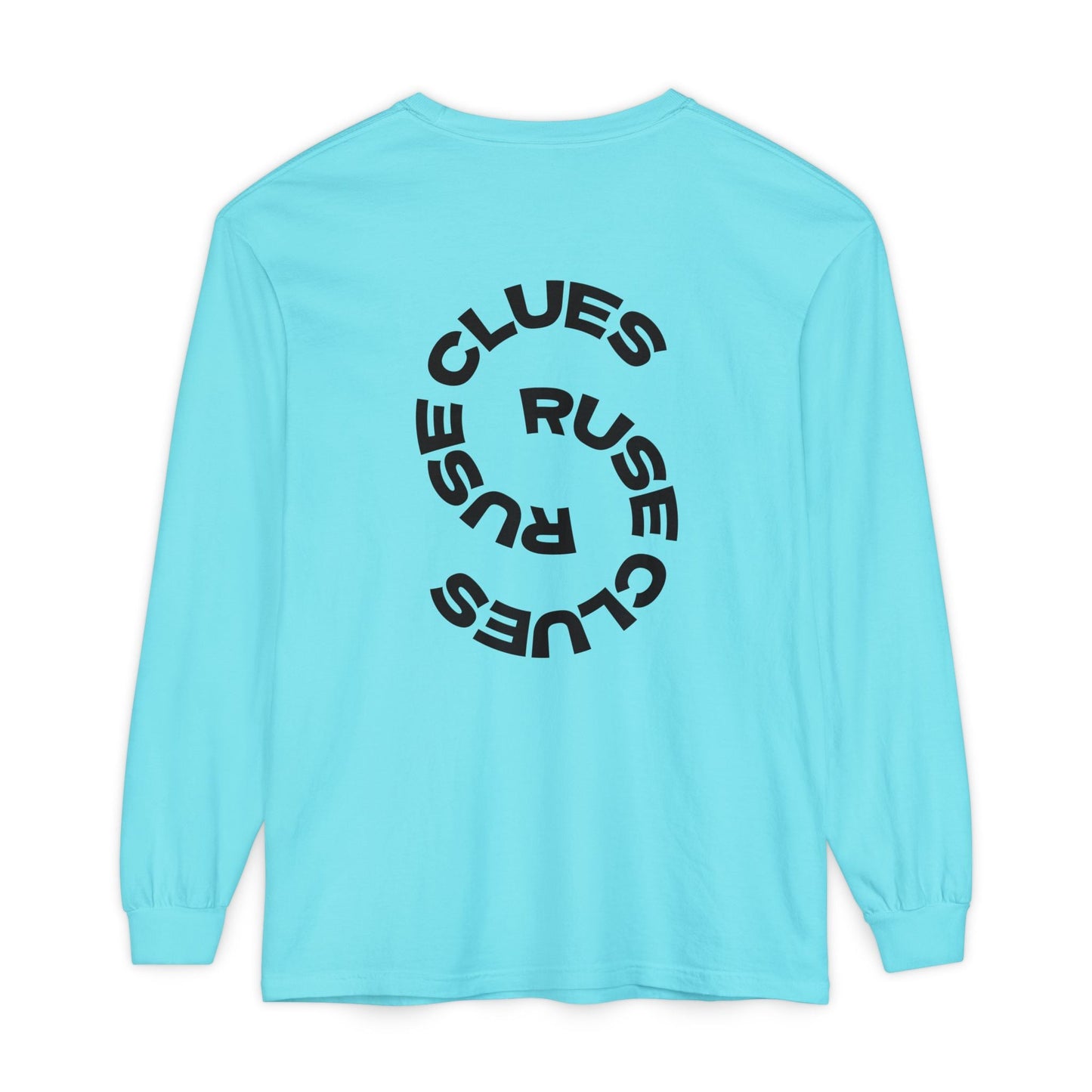 Unisex Garment-Dyed Long Sleeve Ruse Clues® Tee, Casual Everyday Wear, Gift for Friends, Stylish Layering Piece, Trendy Fashion Statement