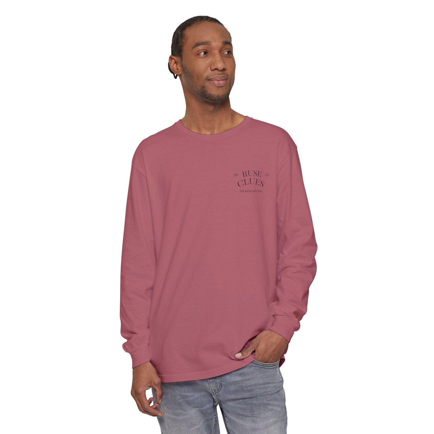 Unisex Garment-Dyed Long Sleeve Ruse Clues® Tee, Casual Everyday Wear, Gift for Friends, Stylish Layering Piece, Trendy Fashion Statement