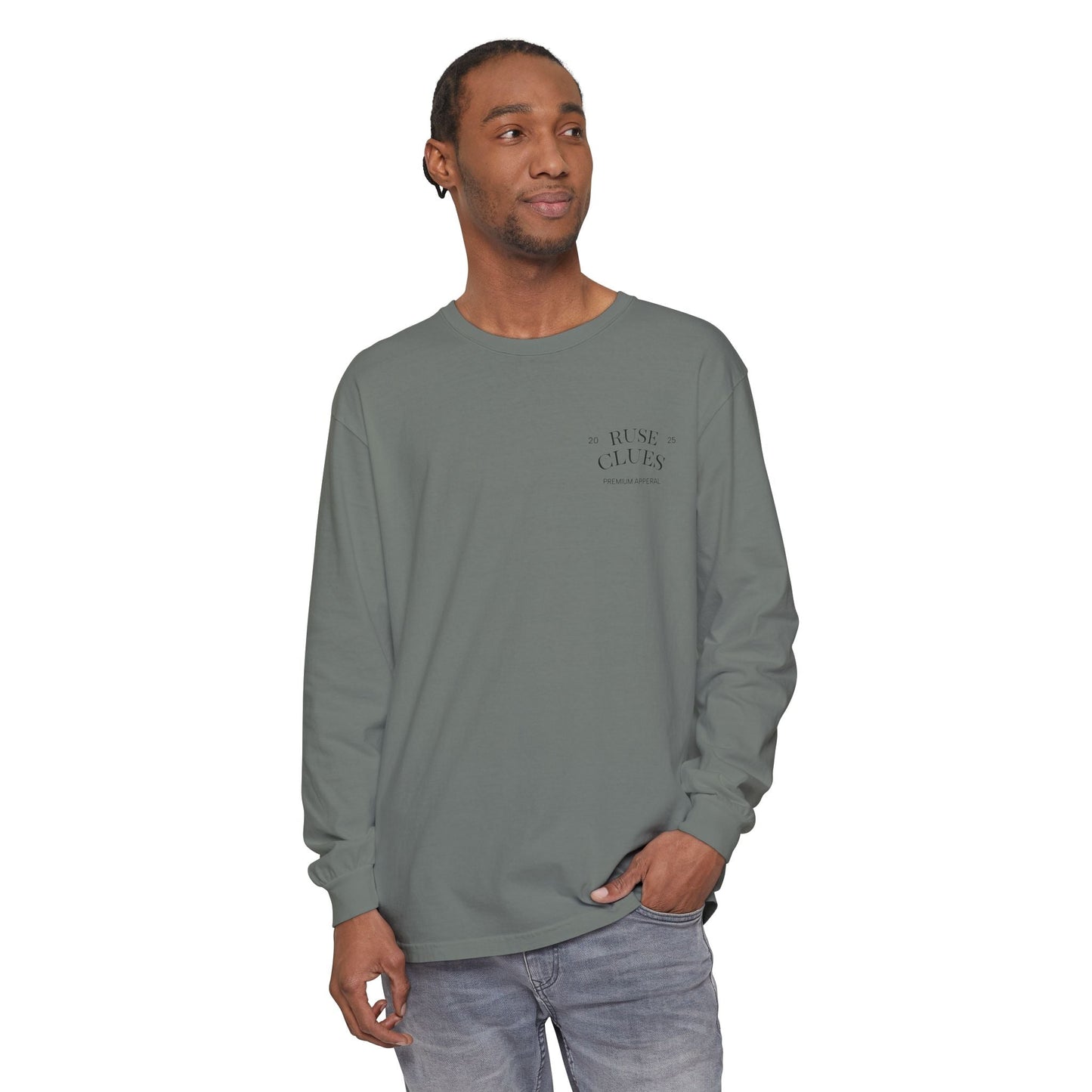Unisex Garment-Dyed Long Sleeve Ruse Clues® Tee, Casual Everyday Wear, Gift for Friends, Stylish Layering Piece, Trendy Fashion Statement