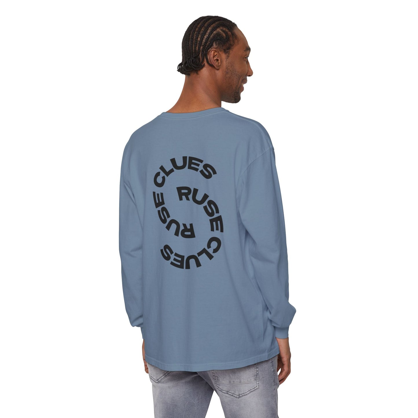 Unisex Garment-Dyed Long Sleeve Ruse Clues® Tee, Casual Everyday Wear, Gift for Friends, Stylish Layering Piece, Trendy Fashion Statement