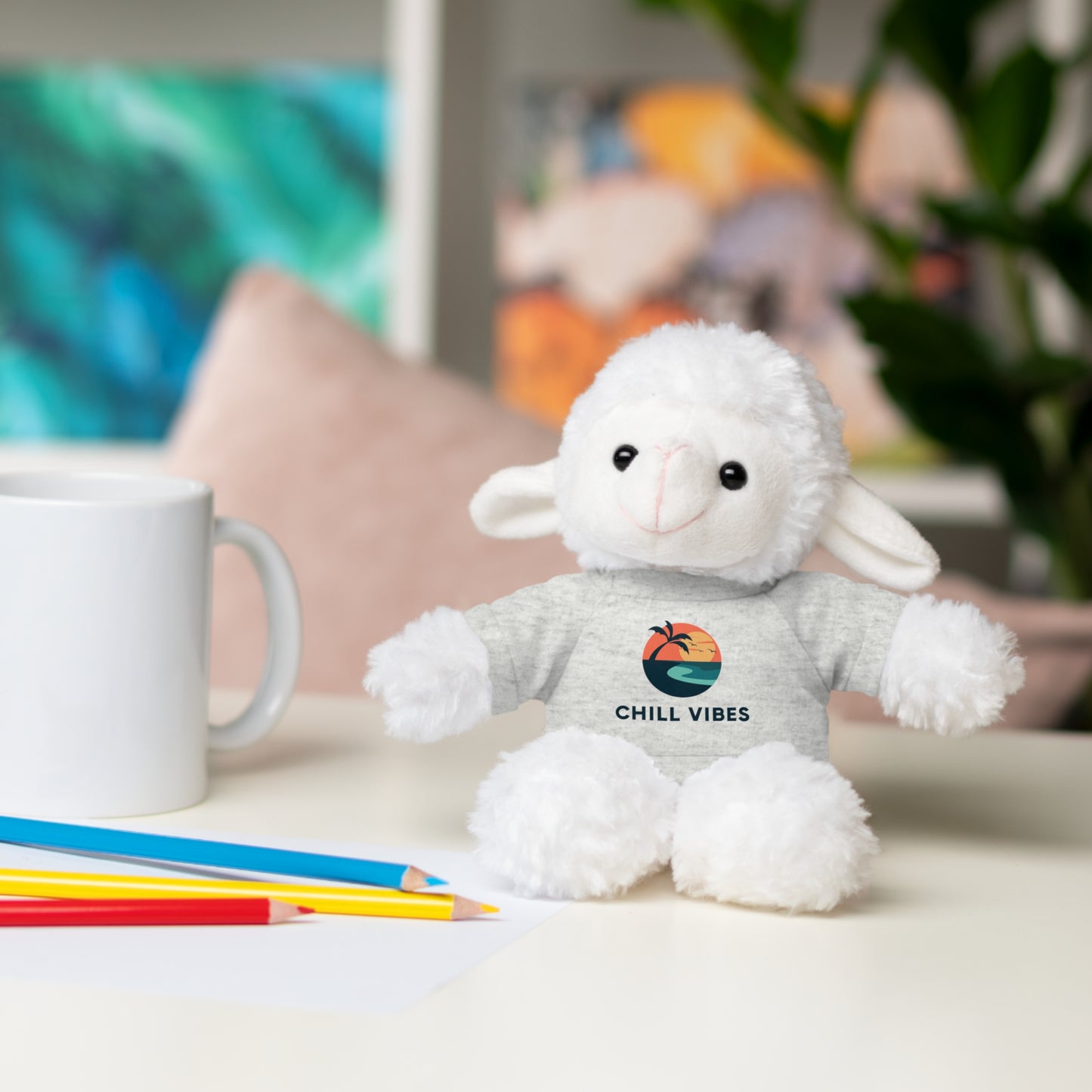 Chill Vibes™ Stuffed Animal, Cute Gift for Kids, Plush Toy with Tee, Birthday Present, Cozy Home Decor, Baby Shower Gift