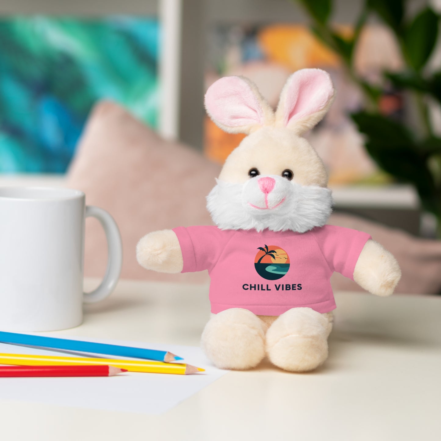 Chill Vibes™ Stuffed Animal, Cute Gift for Kids, Plush Toy with Tee, Birthday Present, Cozy Home Decor, Baby Shower Gift