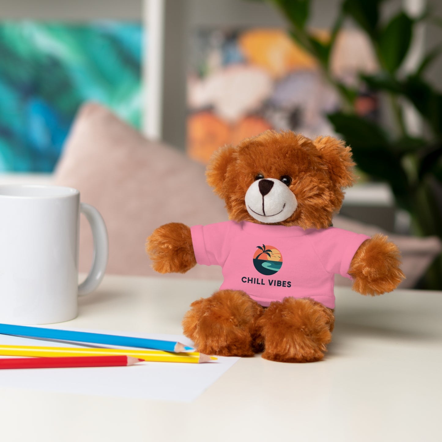 Chill Vibes™ Stuffed Animal, Cute Gift for Kids, Plush Toy with Tee, Birthday Present, Cozy Home Decor, Baby Shower Gift
