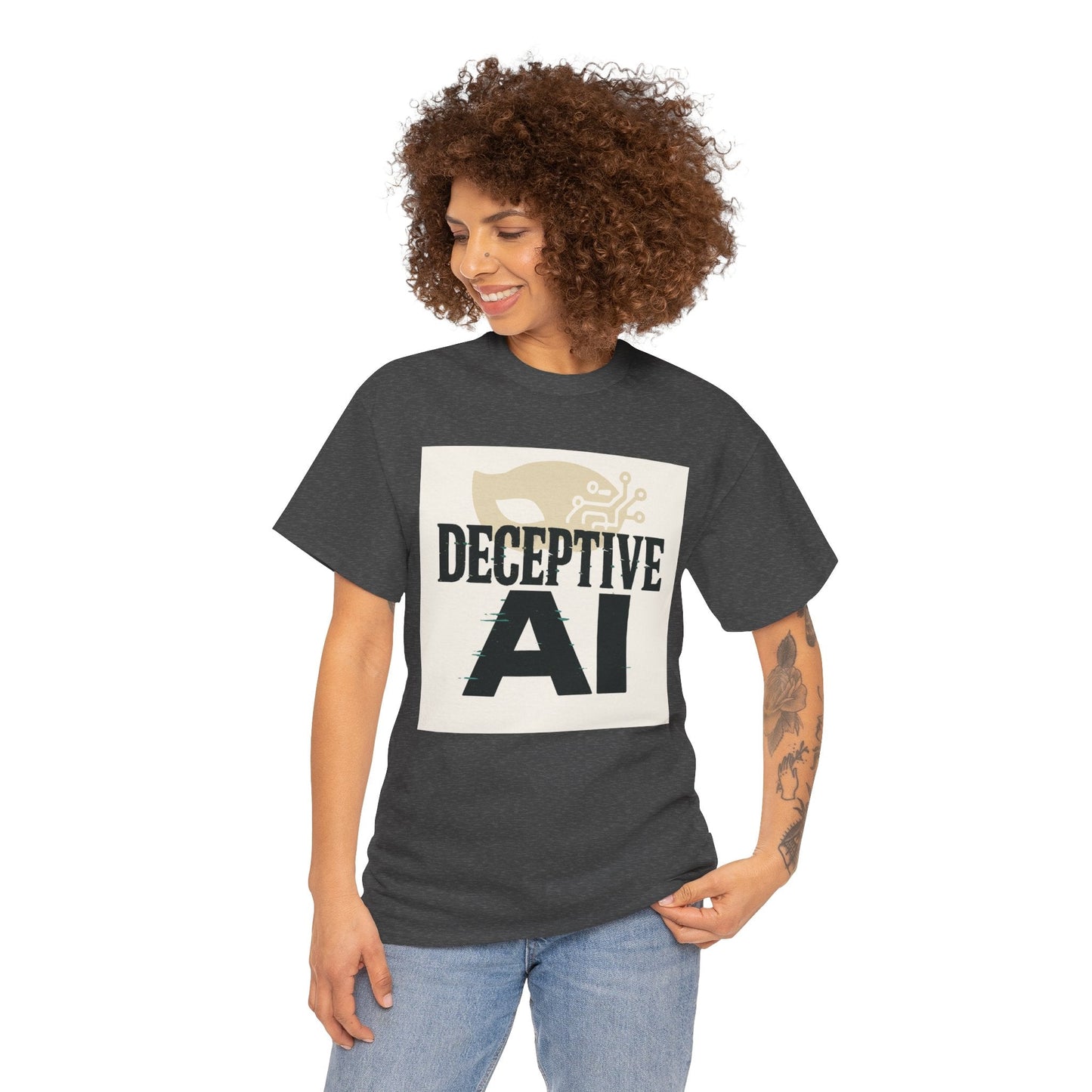Deceptive AI Unisex Heavy Cotton Ruse Clues® Tee - Bold Graphic Tee for Tech Enthusiasts