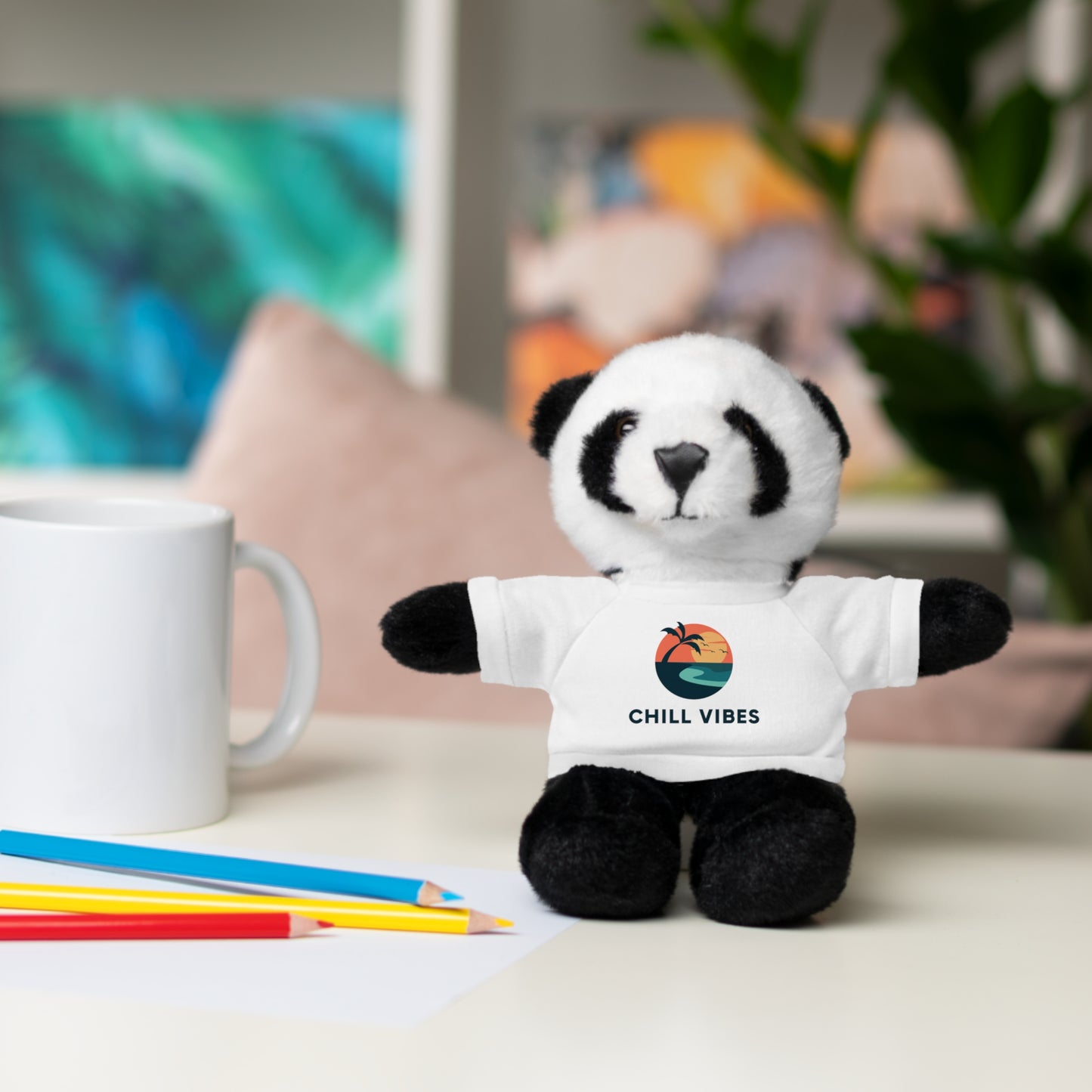 Chill Vibes™ Stuffed Animal, Cute Gift for Kids, Plush Toy with Tee, Birthday Present, Cozy Home Decor, Baby Shower Gift