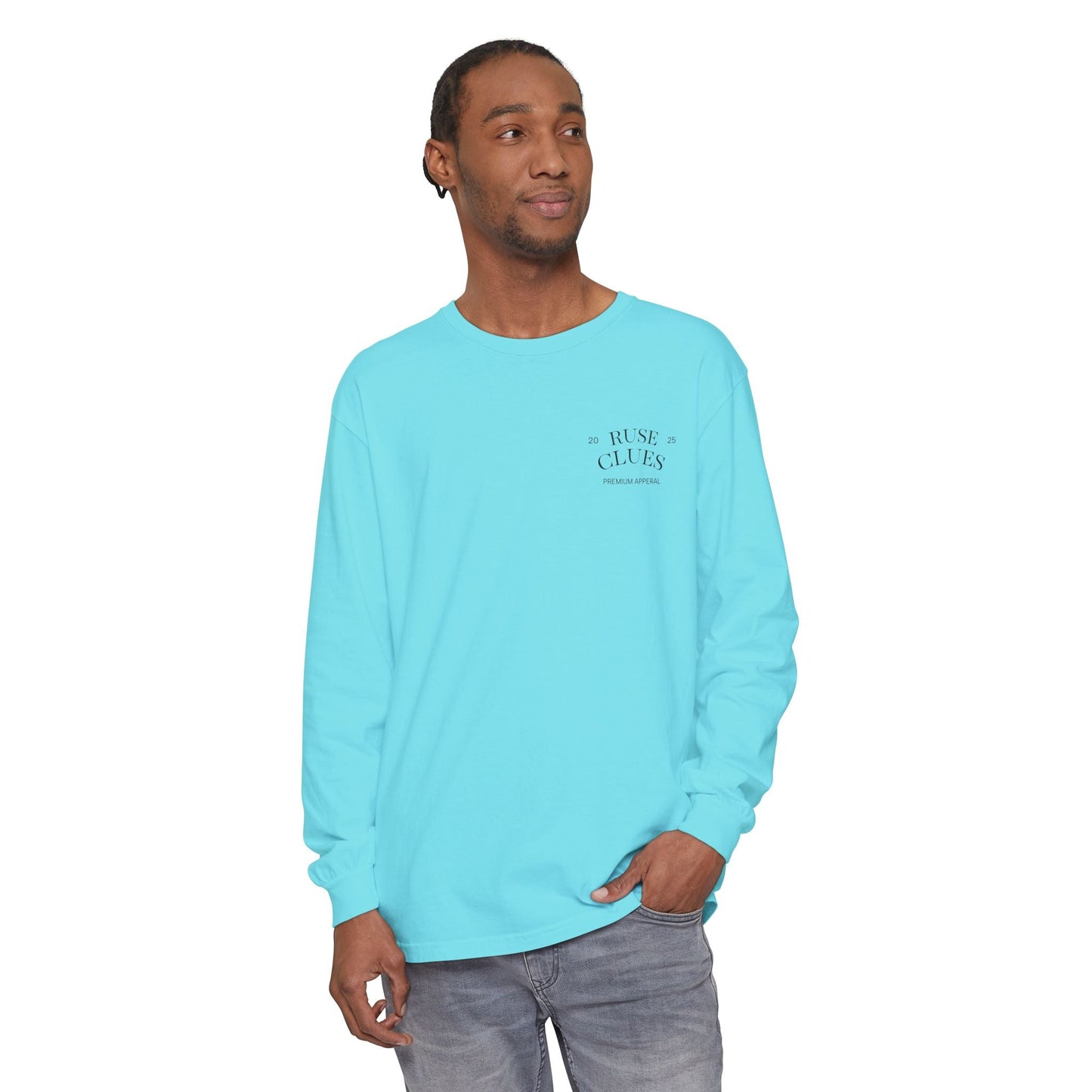 Unisex Garment-Dyed Long Sleeve Ruse Clues® Tee, Casual Everyday Wear, Gift for Friends, Stylish Layering Piece, Trendy Fashion Statement
