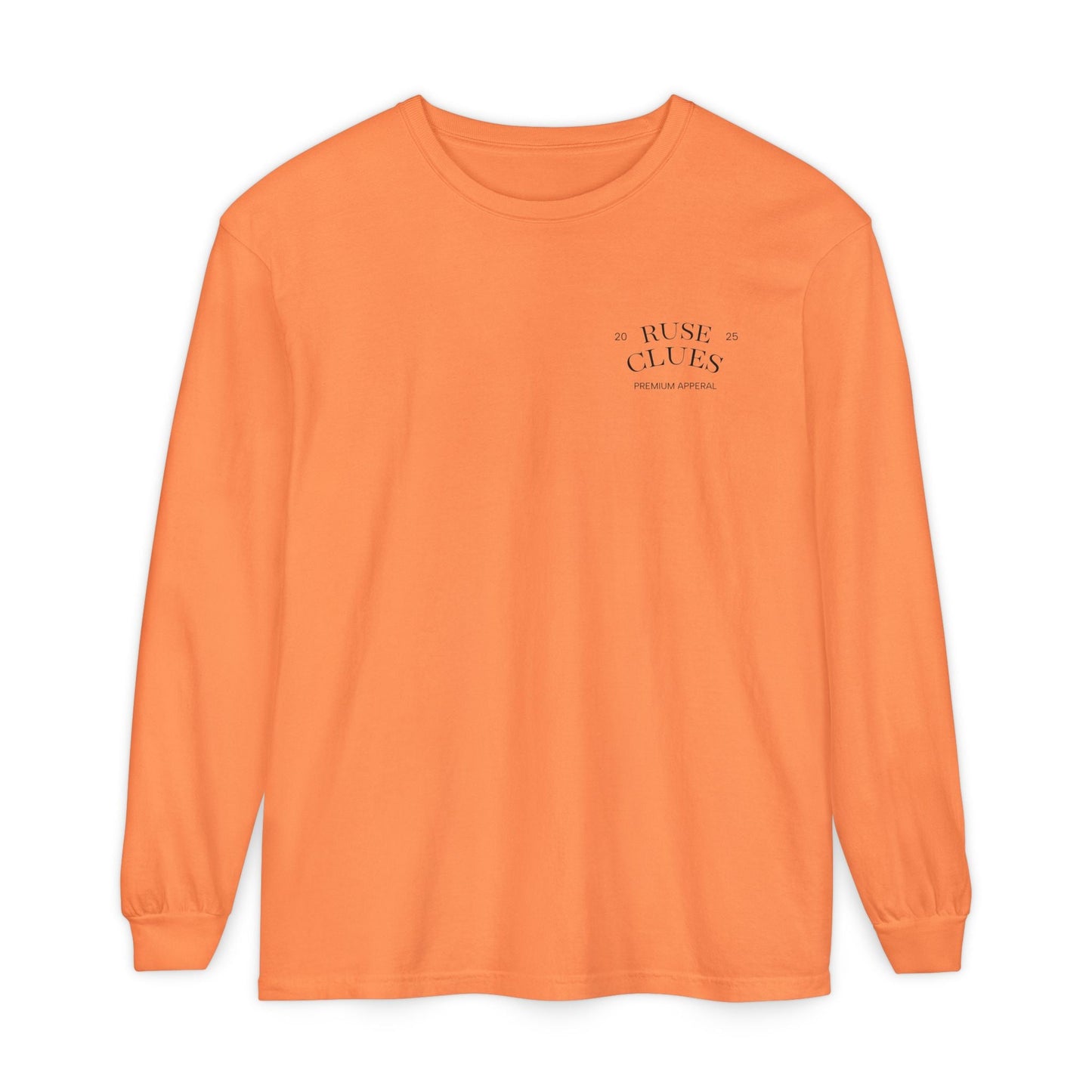 Unisex Garment-Dyed Long Sleeve Ruse Clues® Tee, Casual Everyday Wear, Gift for Friends, Stylish Layering Piece, Trendy Fashion Statement
